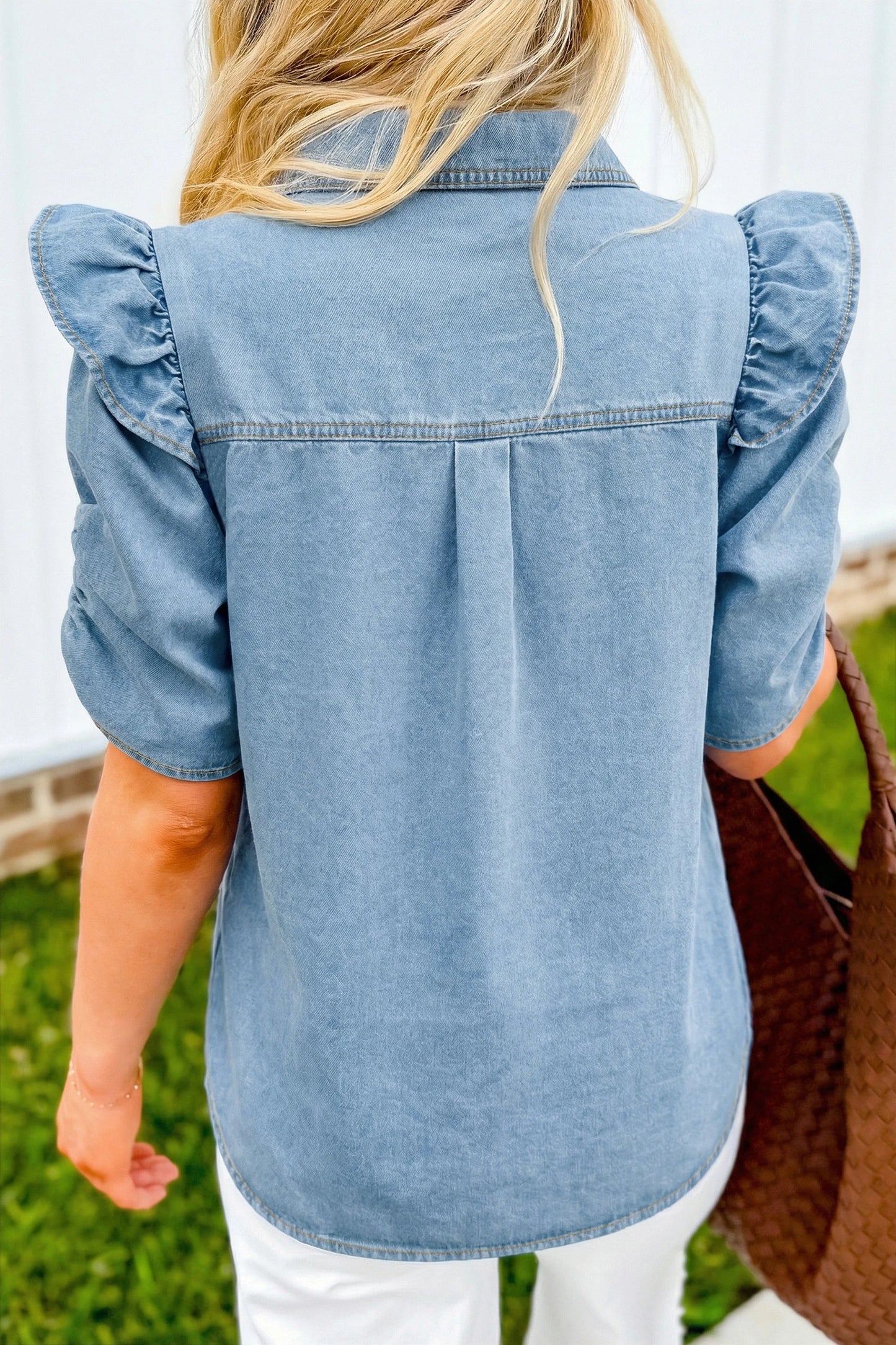 Coastal Ruffle Detail Puff Sleeve Denim Shirt