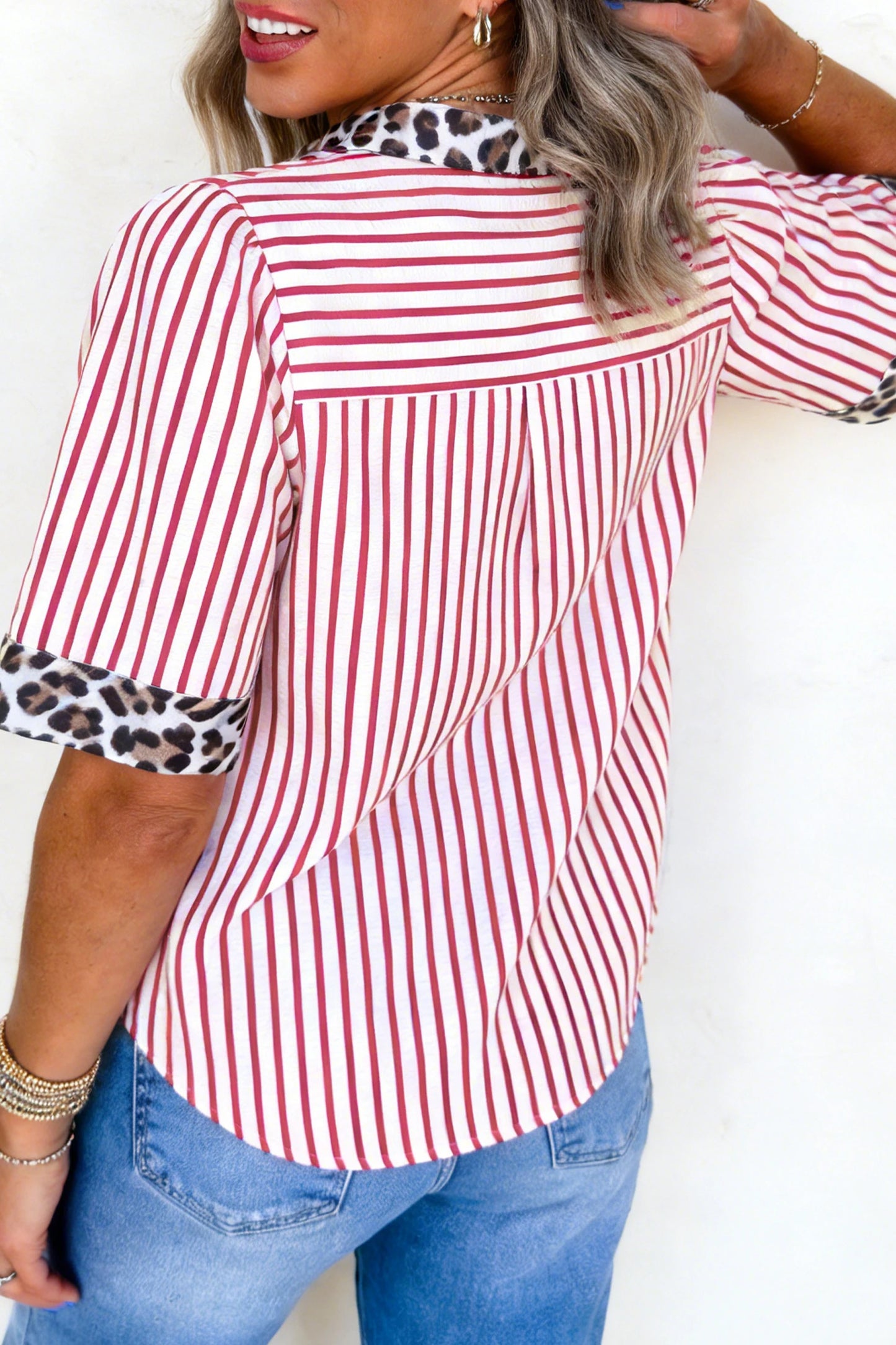 Palm Beach Half Button Leopard Contrast Blouse