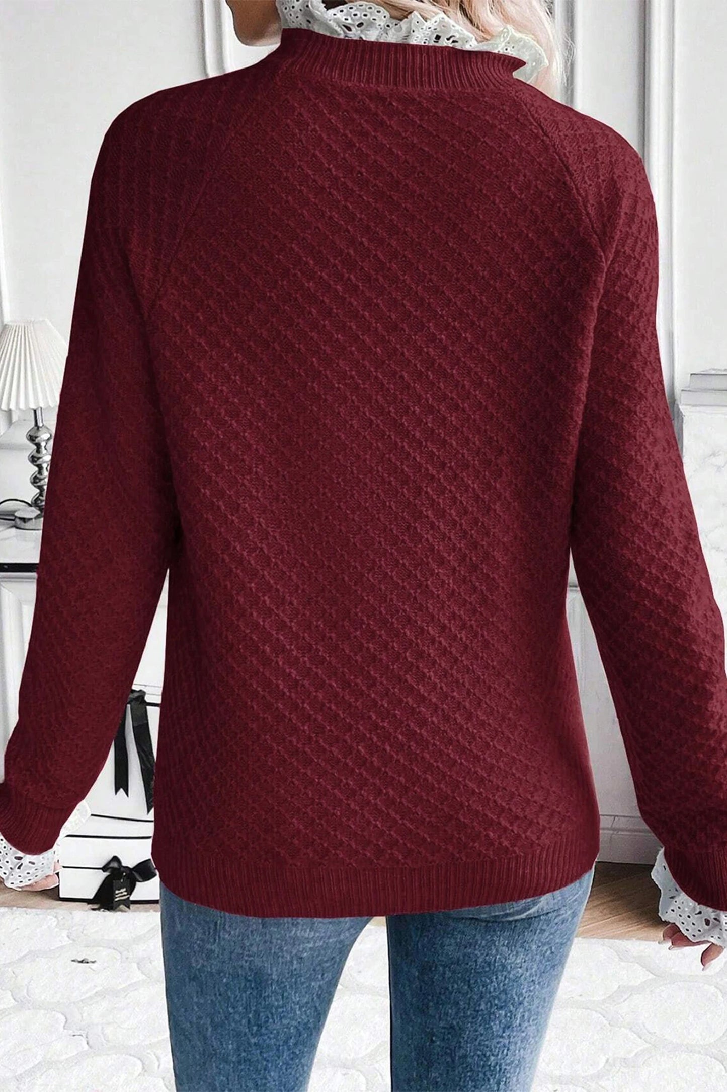Merlot Burgundy Lace Trim Sleeve Sweater