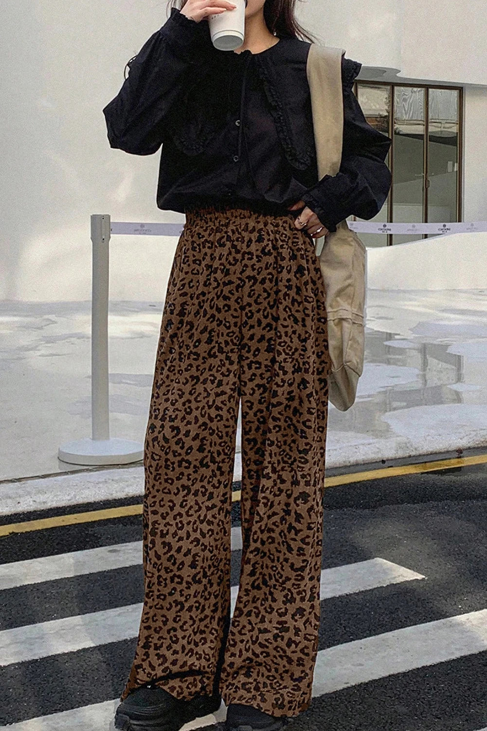 Palazzo Leopard Print High Waist Corduroy Pants