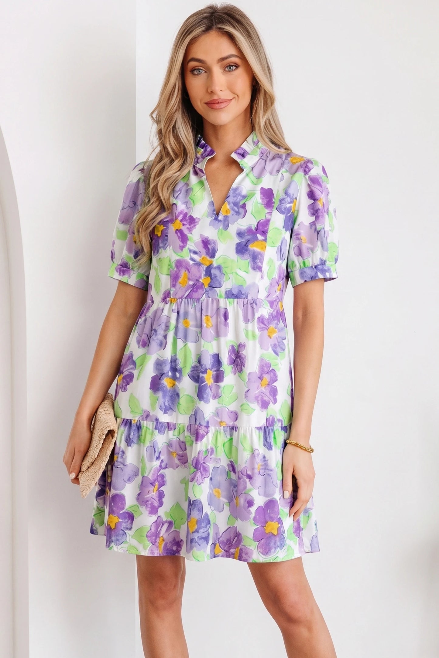 Lavender Bloom Tiered Floral Short Dress
