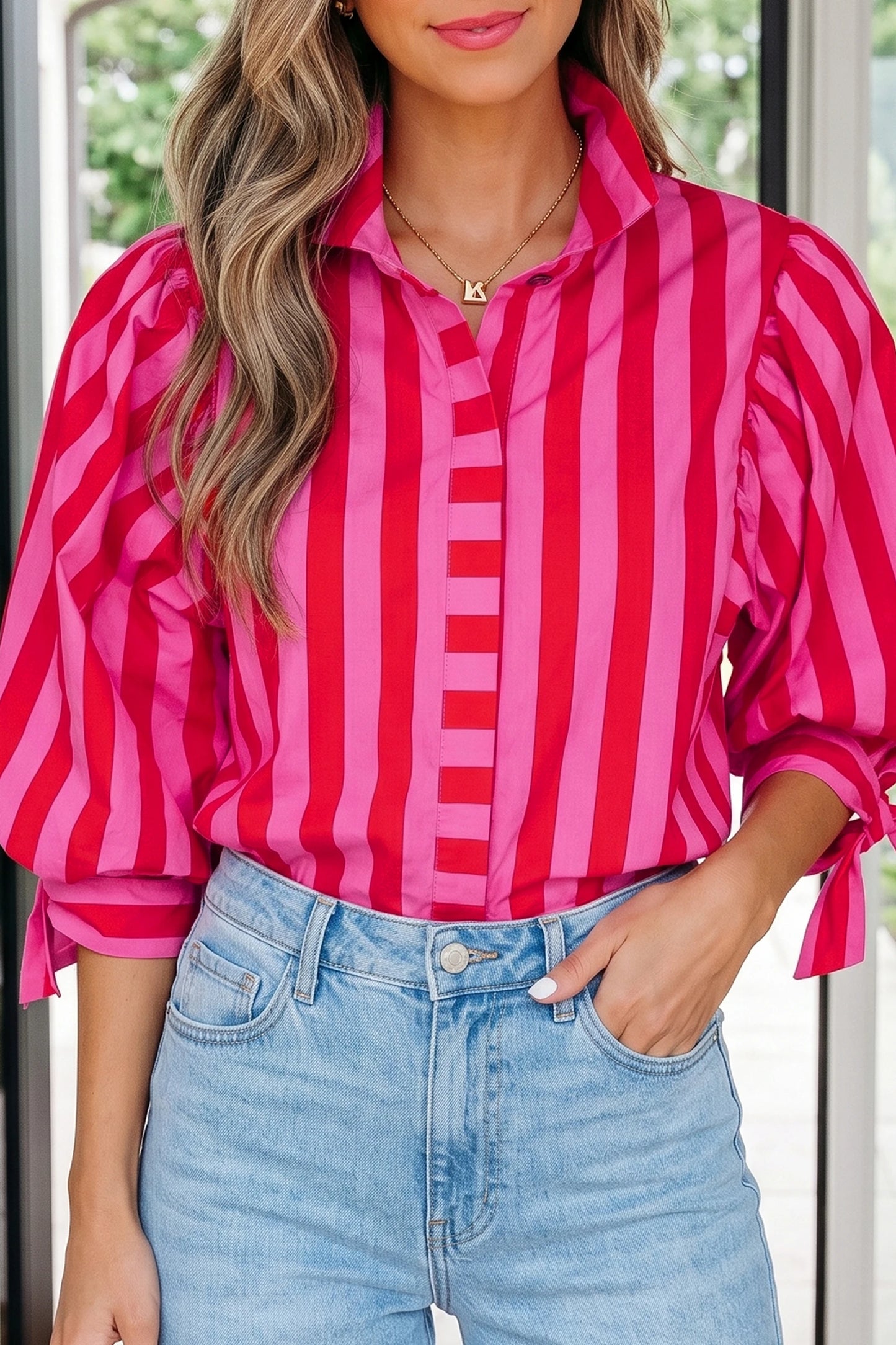 Rosalie Stripe Tie Sleeve Blouse