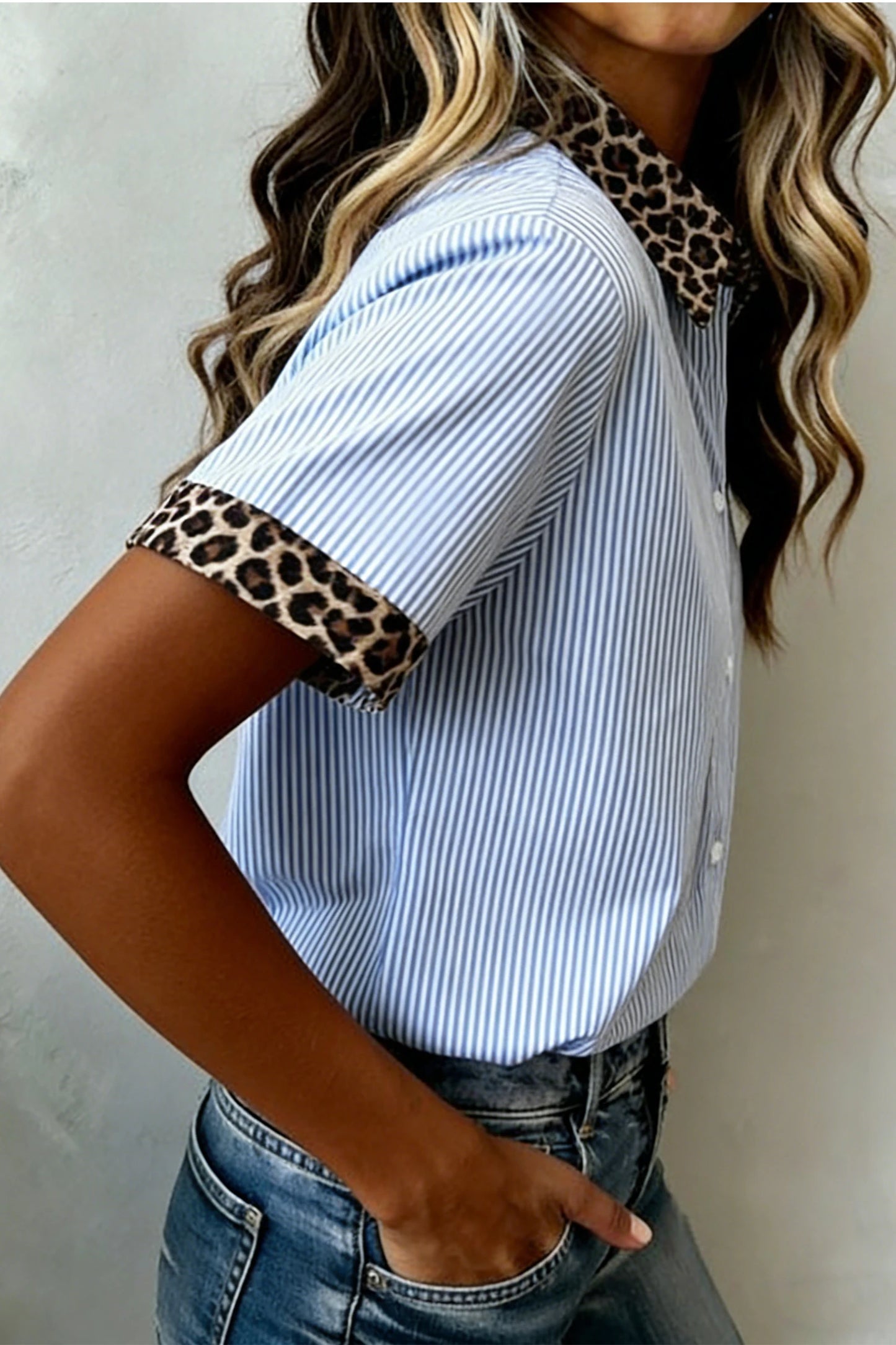 Bluebell Leopard Contrast Collar Short Sleeve Shirt