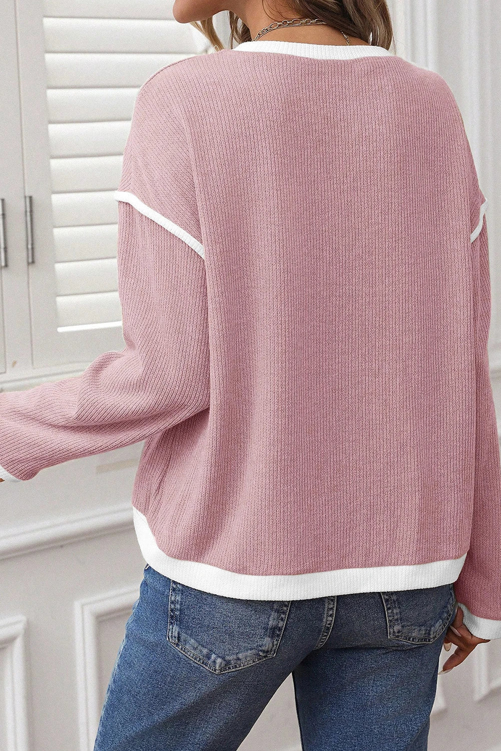 Soft Blush Contrast Trim Knit Long Sleeve Top