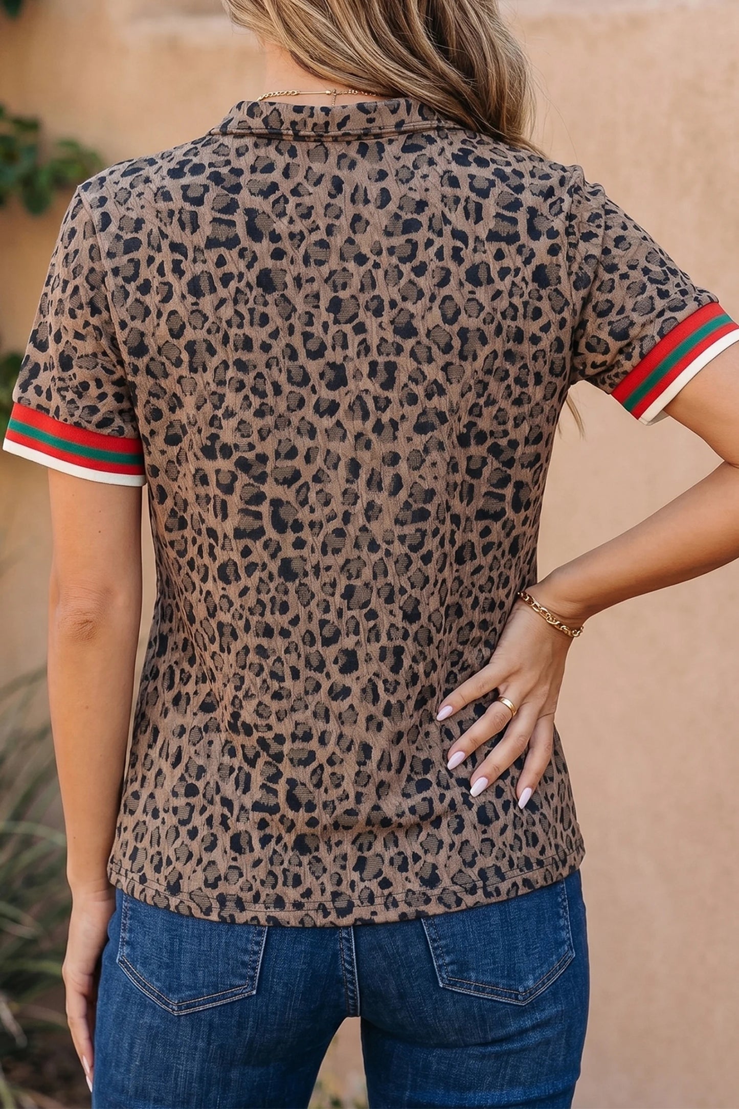 Monaco Brown Leopard Half Zip Short Sleeve Blouse