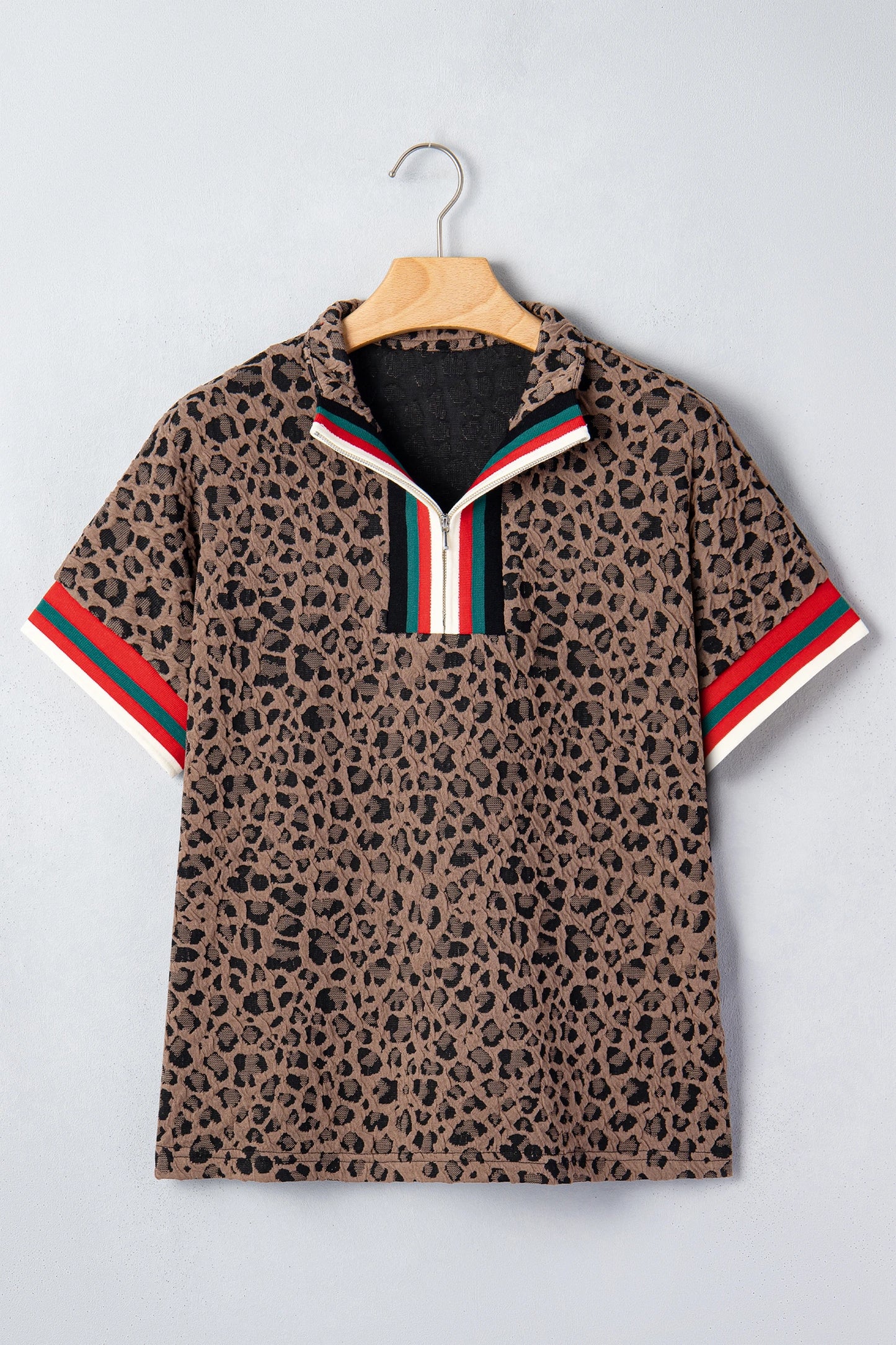 Monaco Brown Leopard Half Zip Short Sleeve Blouse