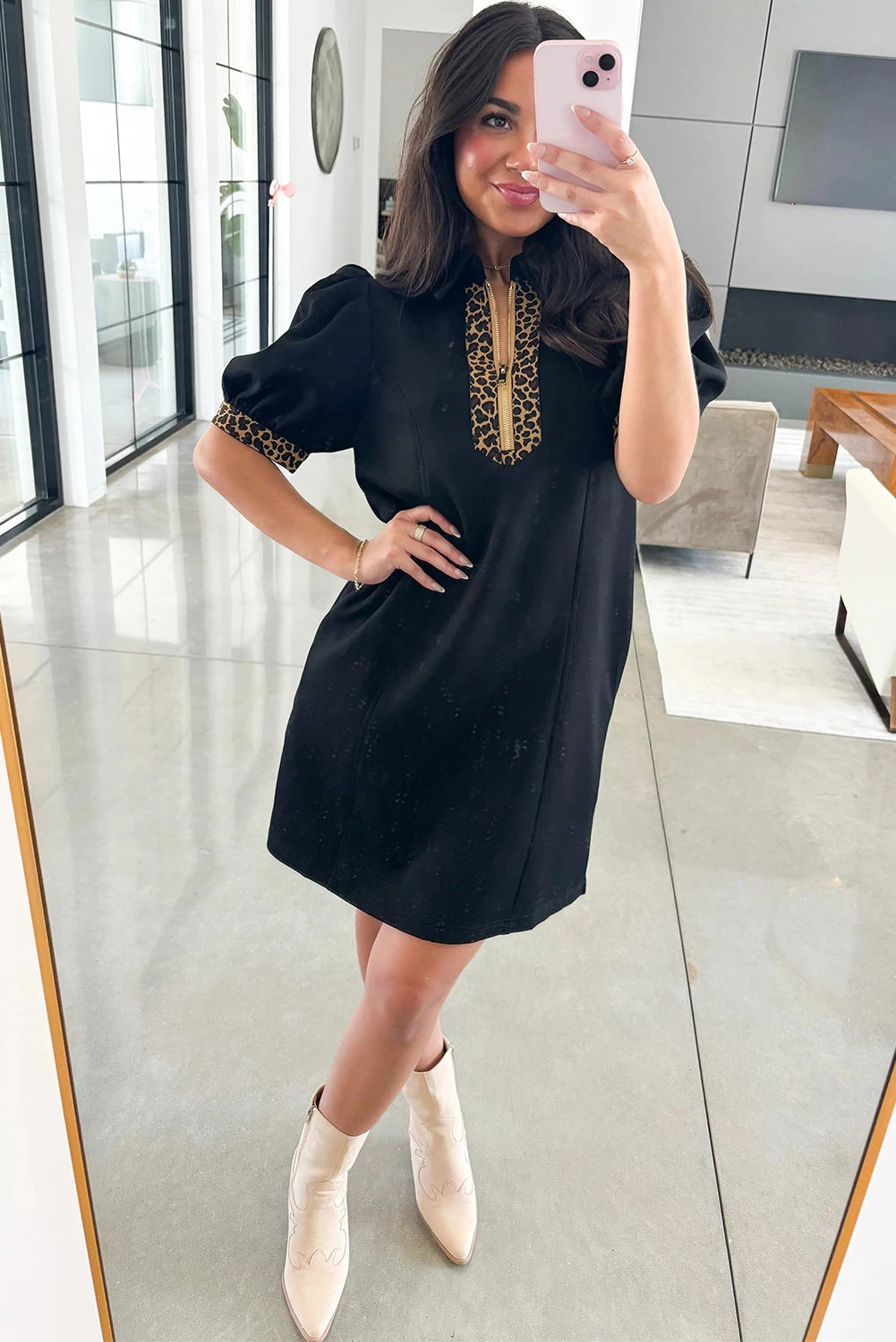 Onyx Chic Leopard Zip Collared Puff Sleeve Short Dress