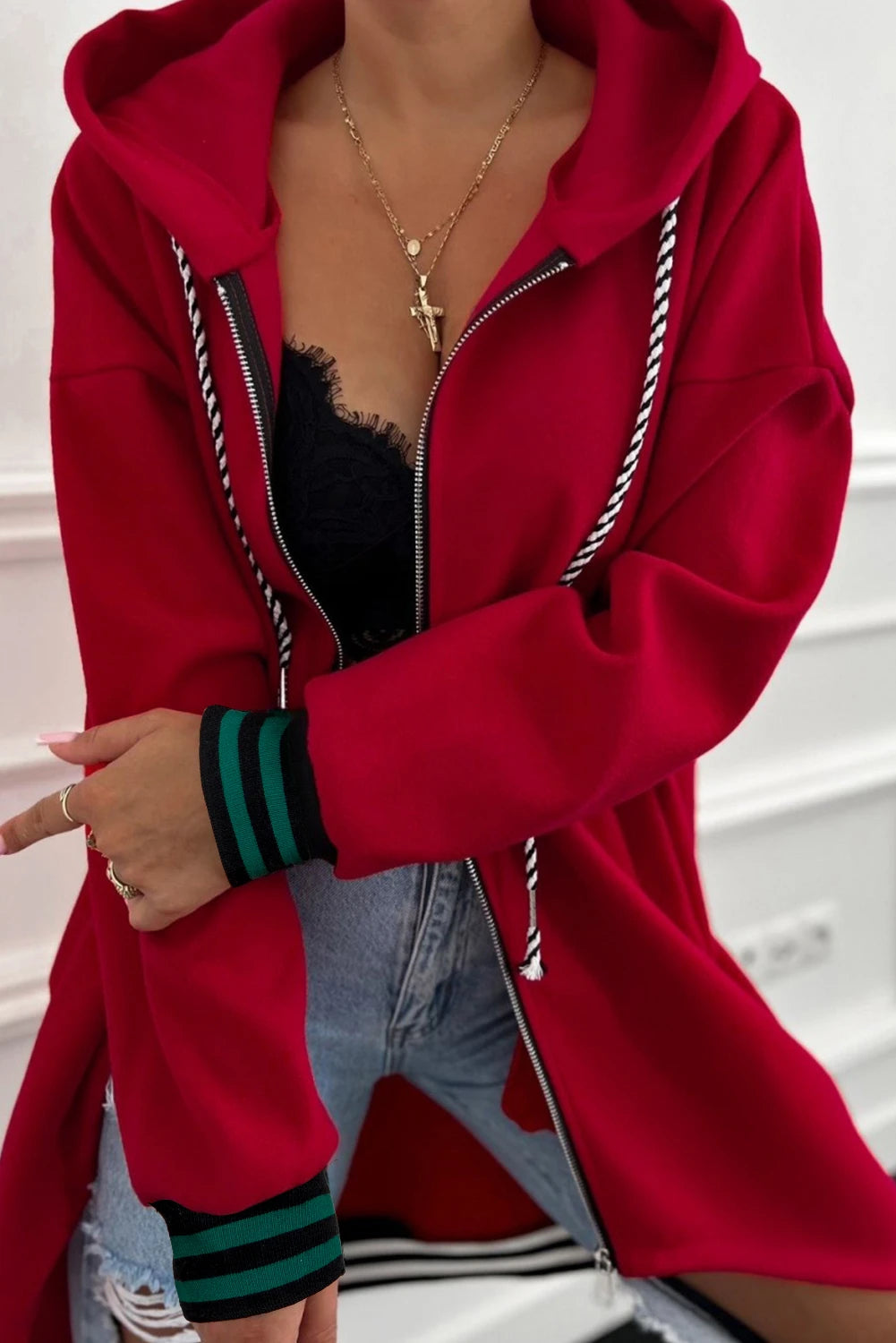 Cherry Bliss Zip up Tunic Red Hoodie