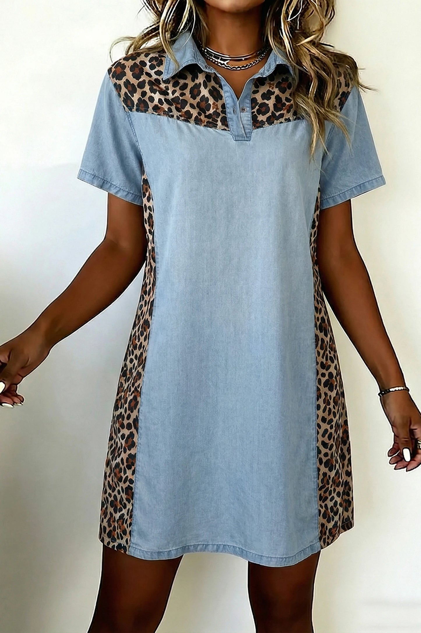 Dakota Leopard Patchwork Denim Short Dress