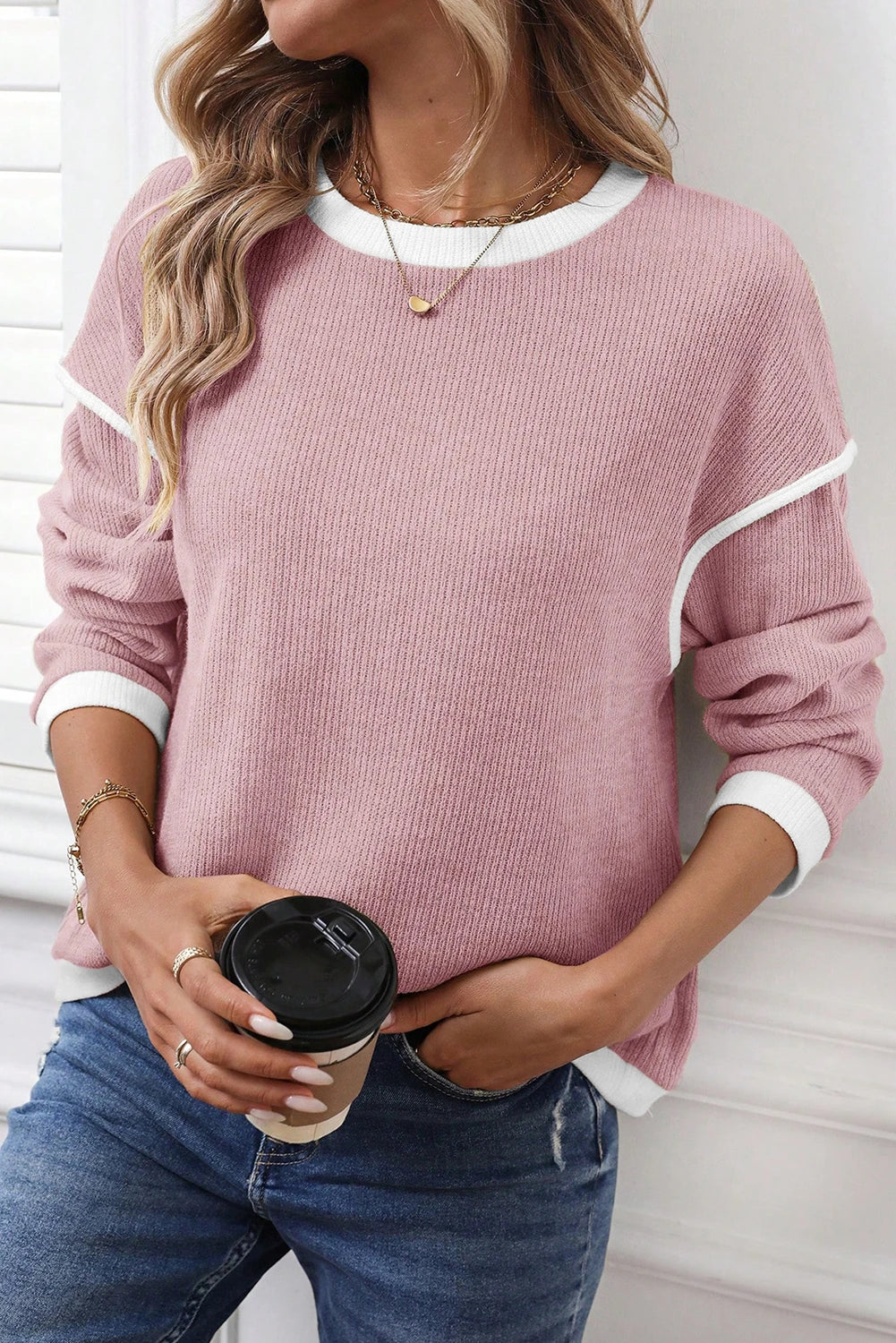 Soft Blush Contrast Trim Knit Long Sleeve Top