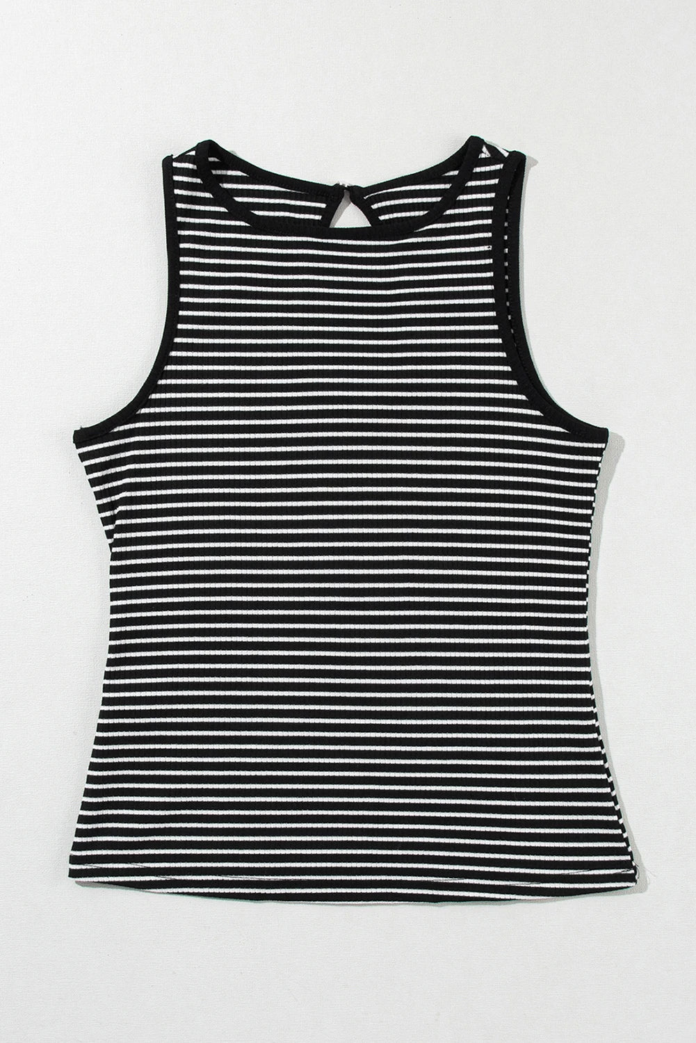 White & Black Striped Ribbed O-Neck Sleeveless Top