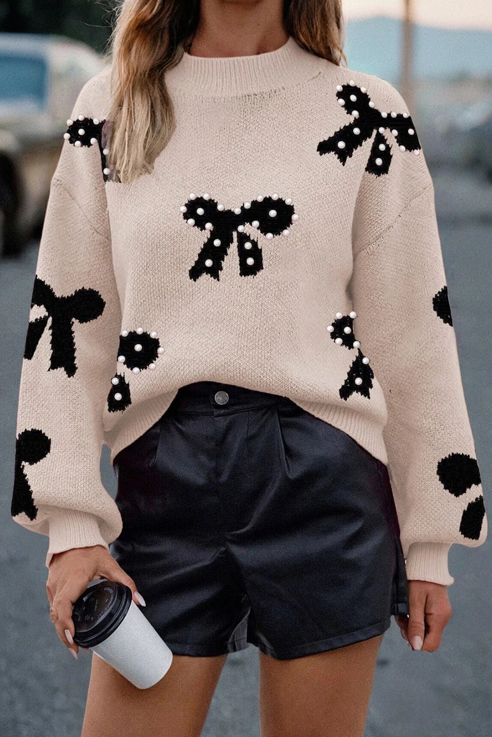 Pearl Bow Elegance Knit Sweater
