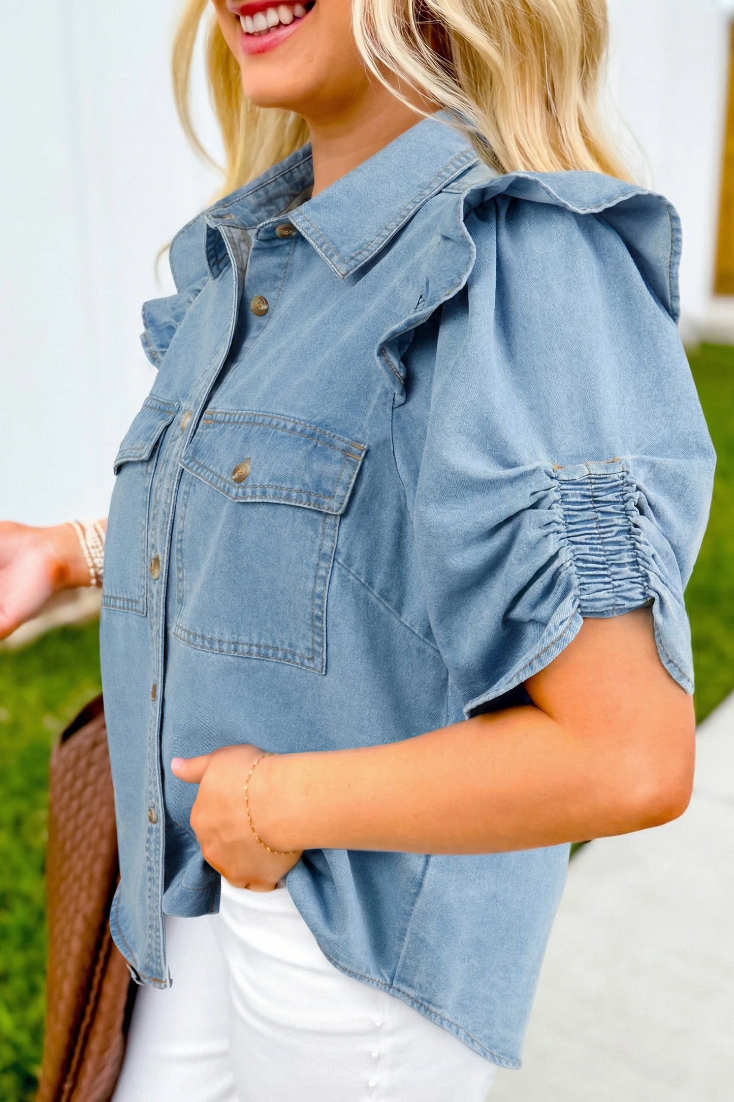 Coastal Ruffle Detail Puff Sleeve Denim Shirt