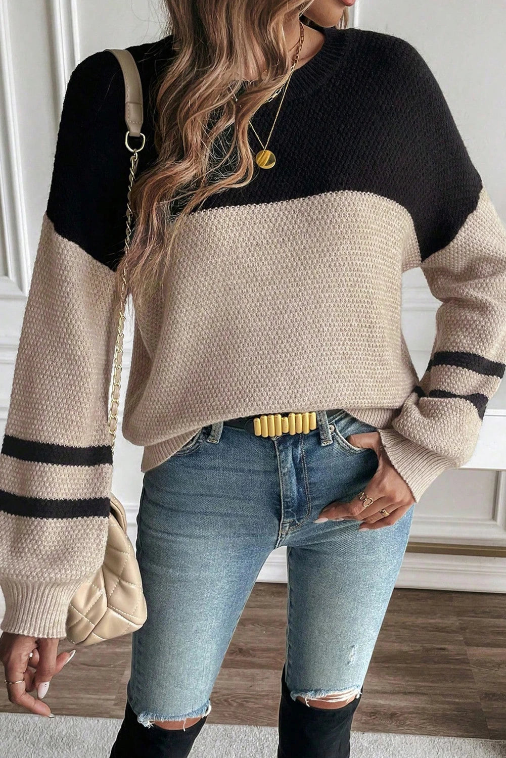 Manhattan Colorblock Knit Striped Sleeve Sweater