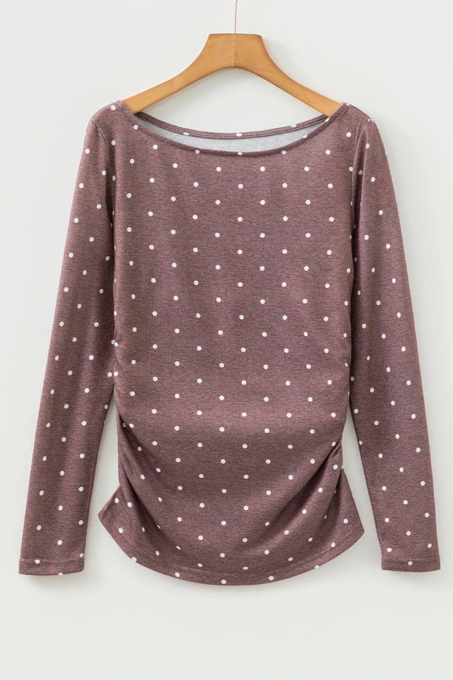 Vintage Dark Brown Polka Dot Boat Neck Long Sleeve Top