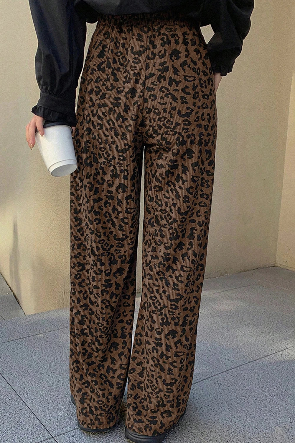 Palazzo Leopard Print High Waist Corduroy Pants