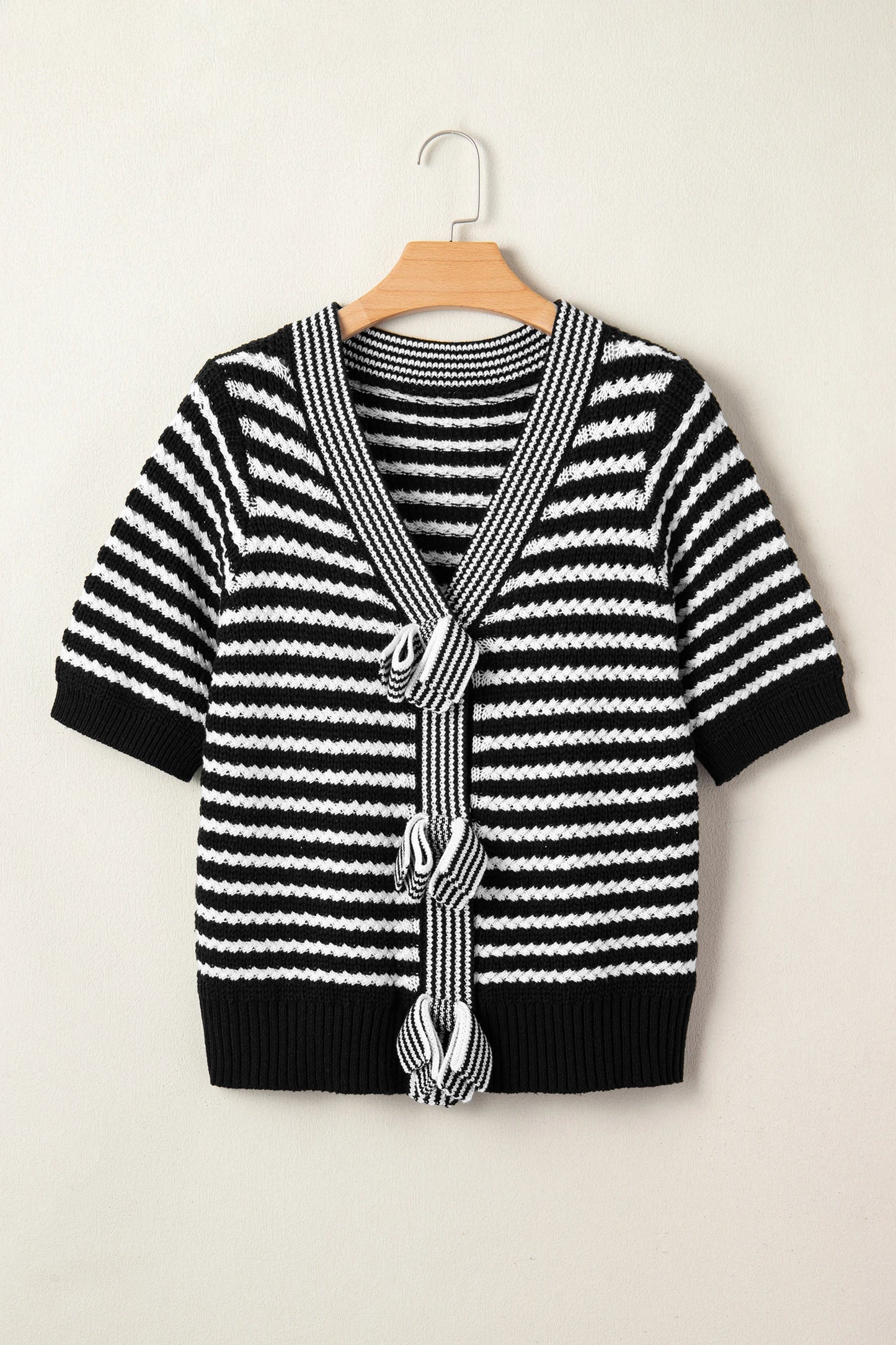 Monroe Black Stripe Bow Knot Short Sleeve Sweater