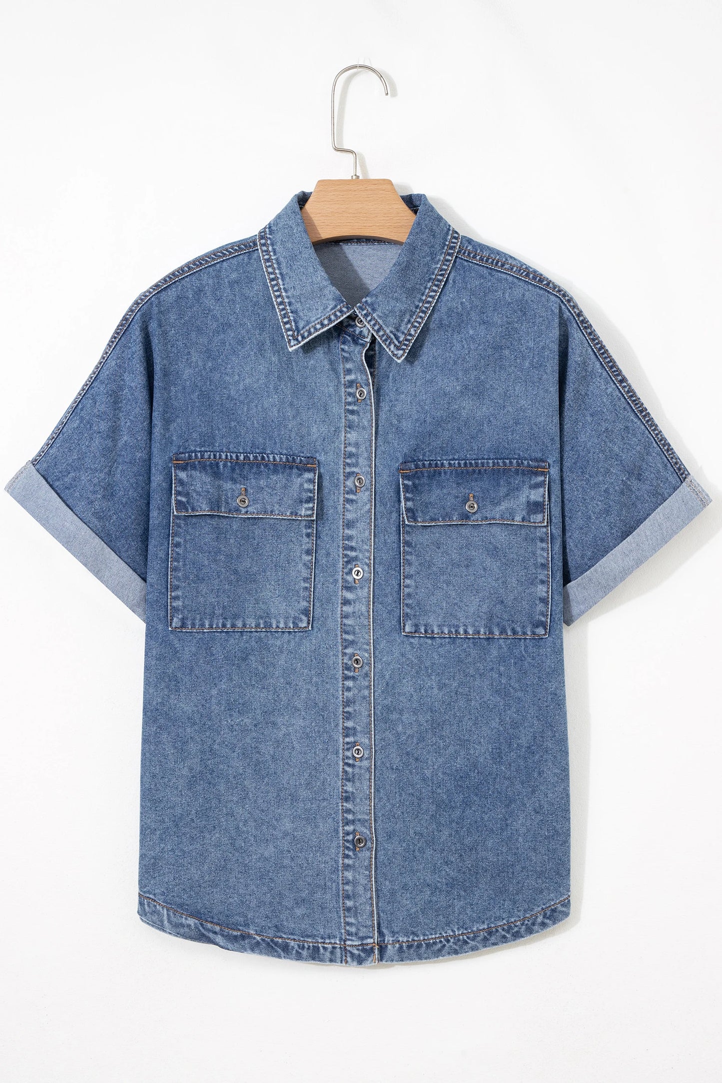 Everyday Blue Button Cuffed Sleeve Denim Shirt