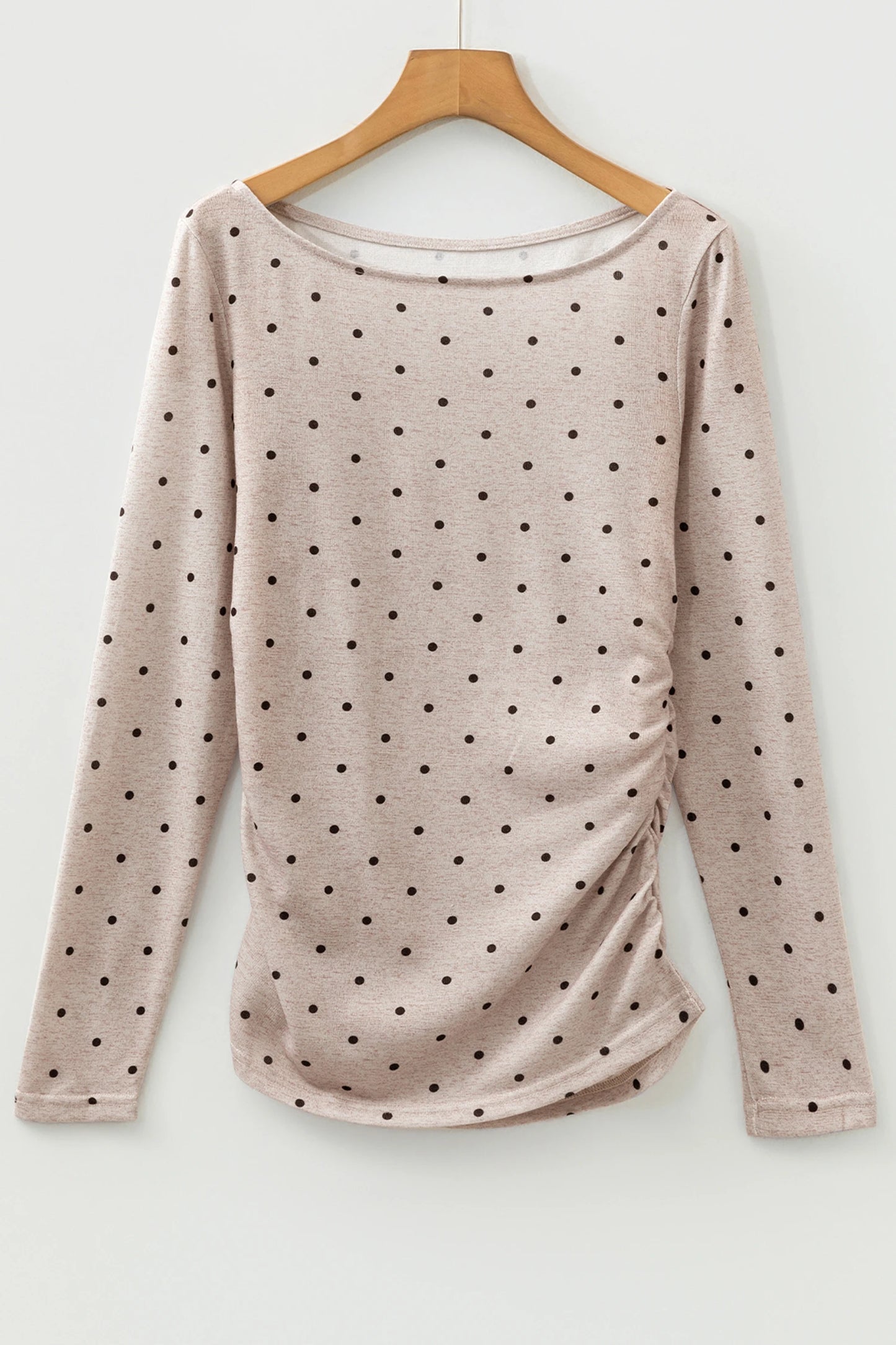 Vintage Beige Polka Dot Boat Neck Long Sleeve Top