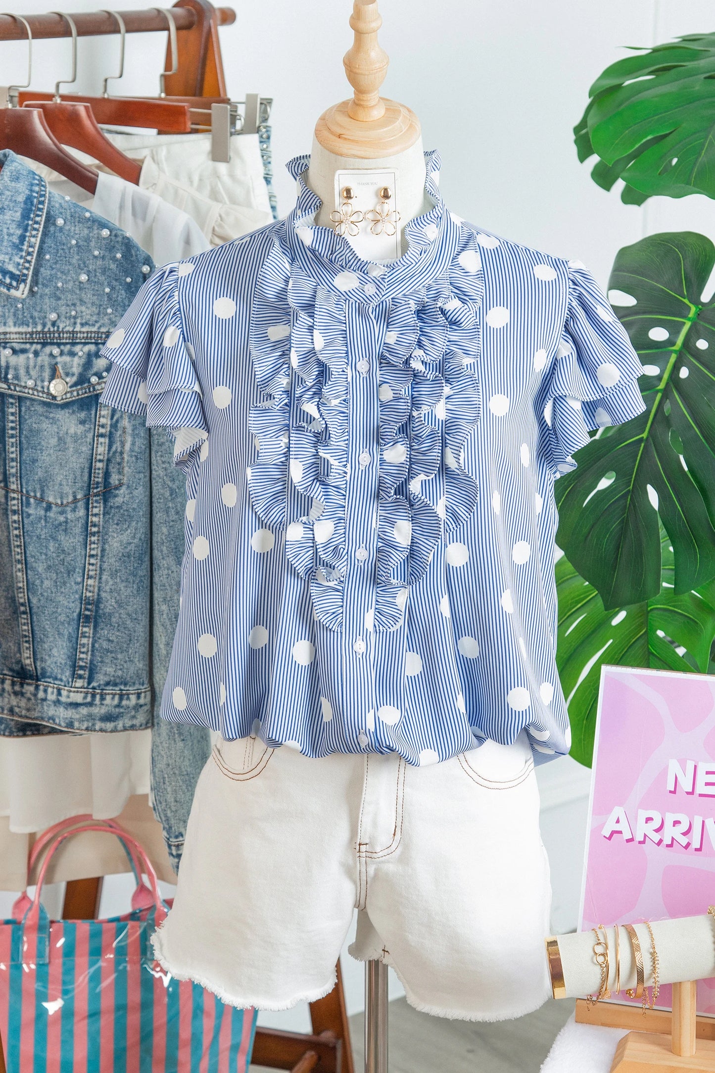 Chic Harmony Sky Blue Pleated Ruffle Sleeve Shirt