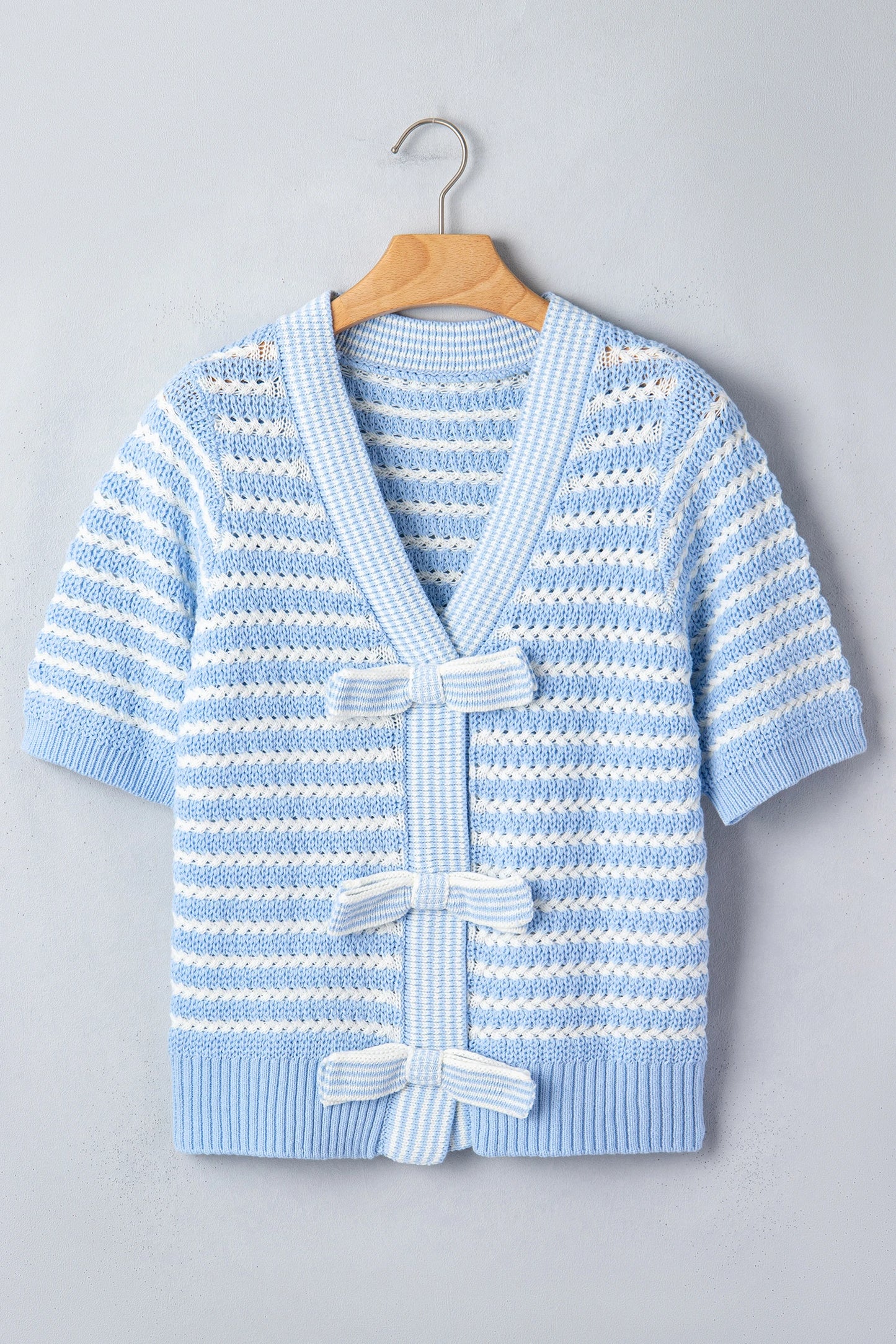 Monroe Blue Stripe Bow Knot Short Sleeve Sweater