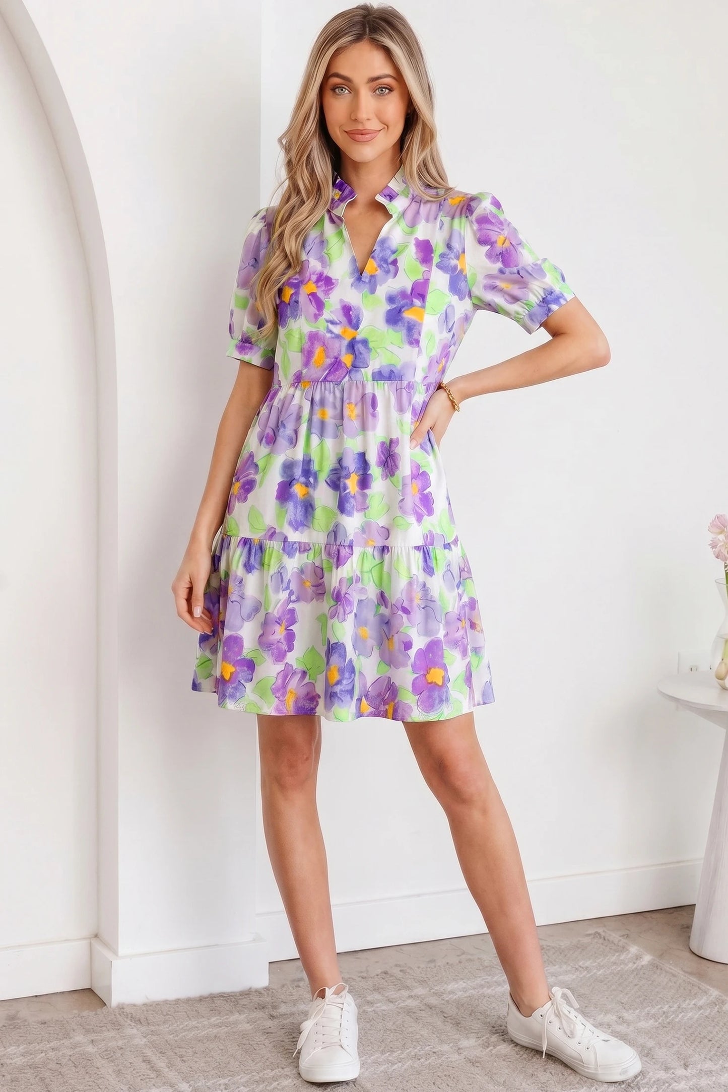 Lavender Bloom Tiered Floral Short Dress