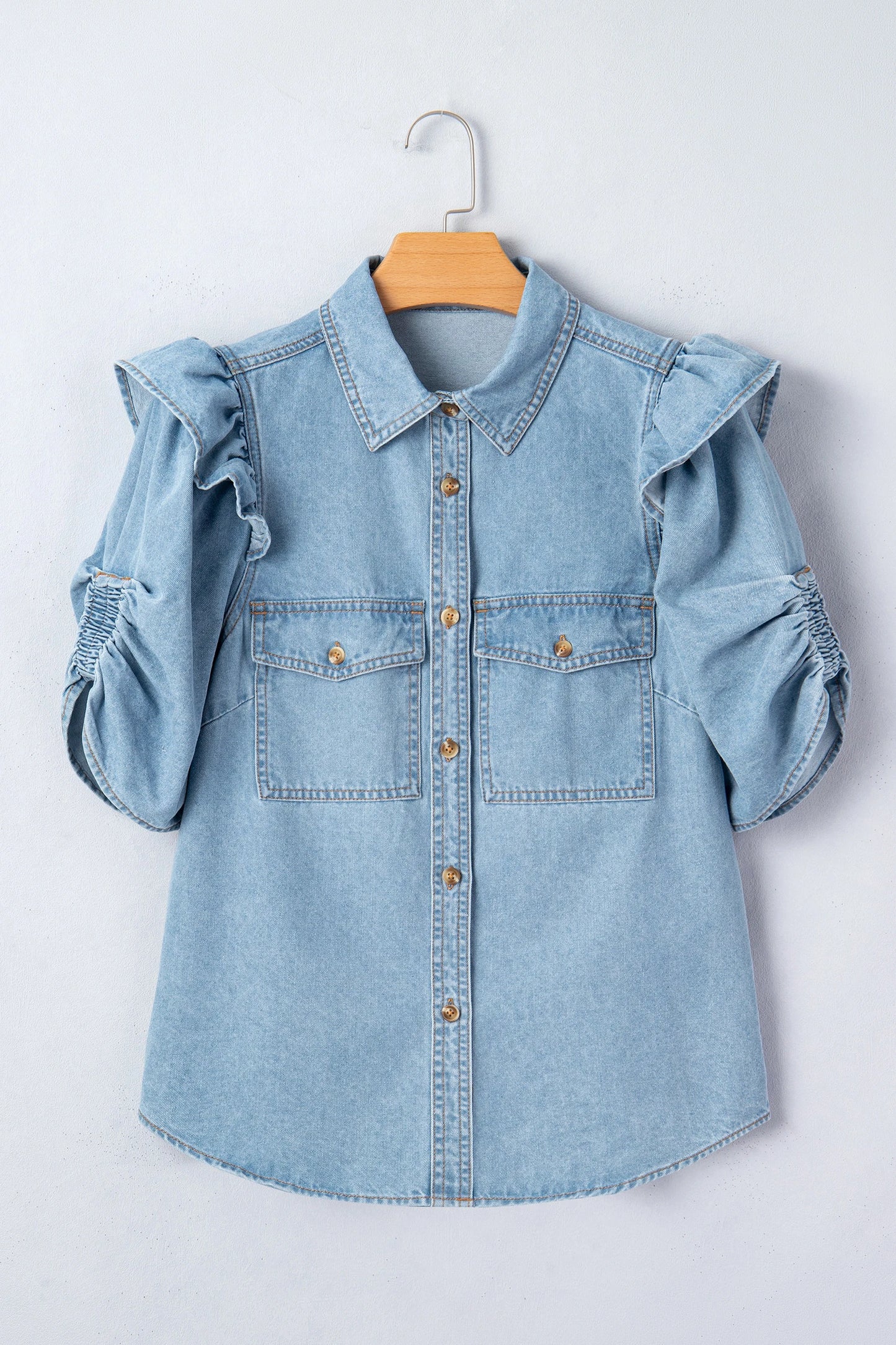 Coastal Ruffle Detail Puff Sleeve Denim Shirt