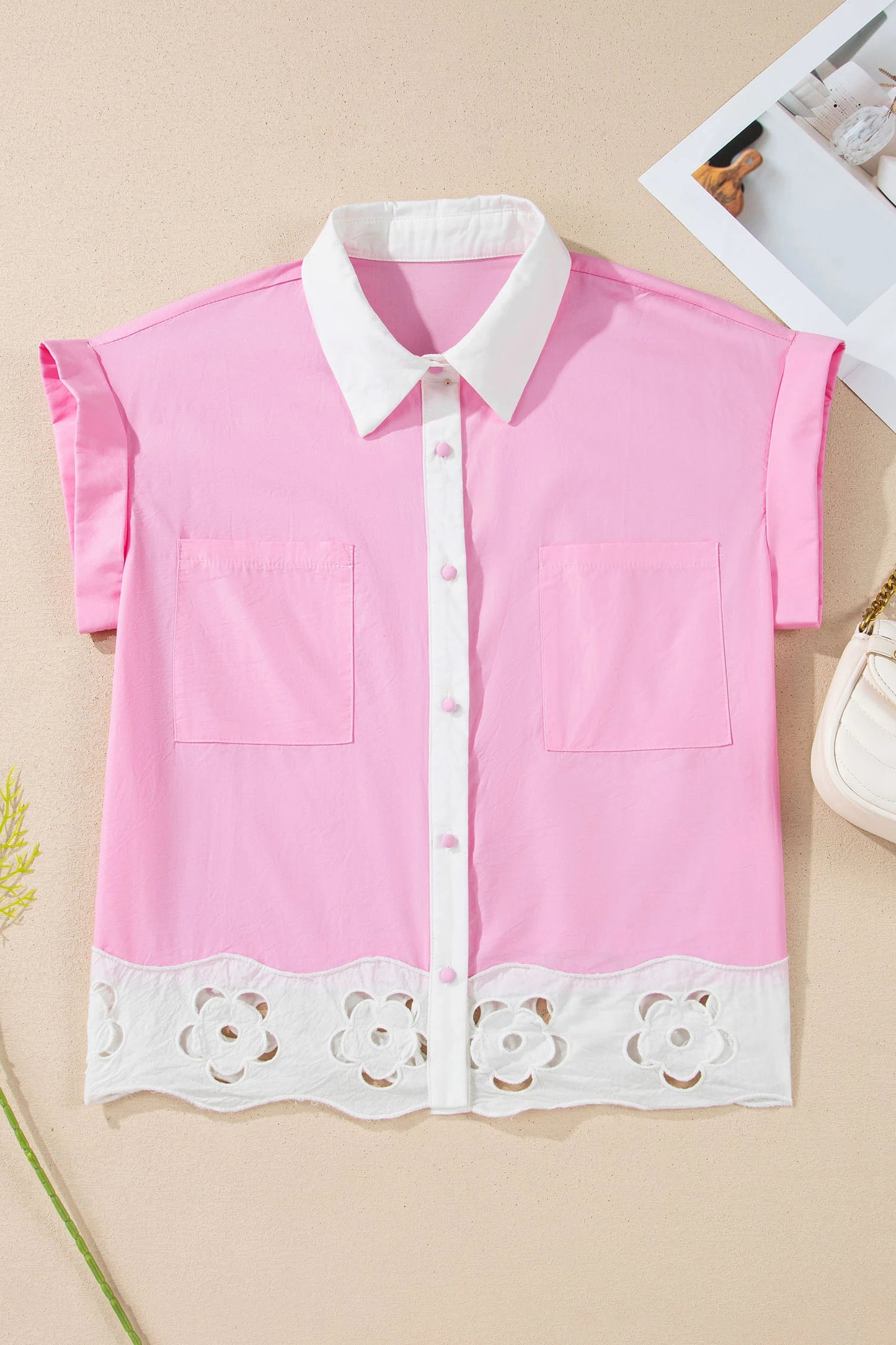 Petal Edge Floral Contrast Short Sleeve Pink Shirt