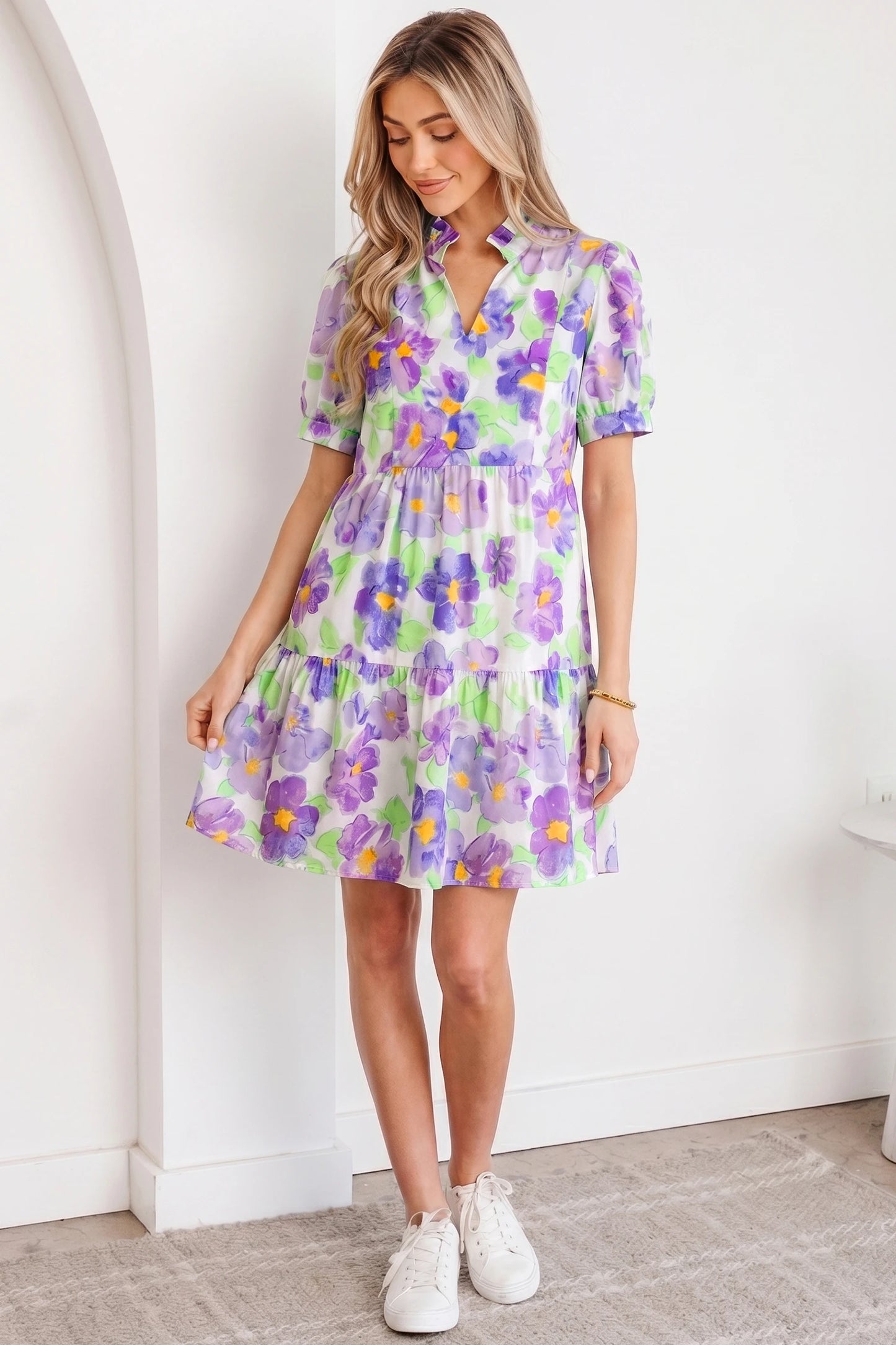 Lavender Bloom Tiered Floral Short Dress