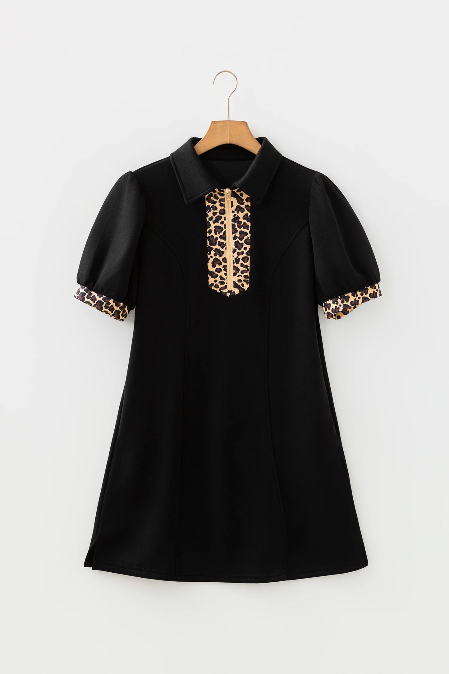 Onyx Chic Leopard Zip Collared Puff Sleeve Short Dress