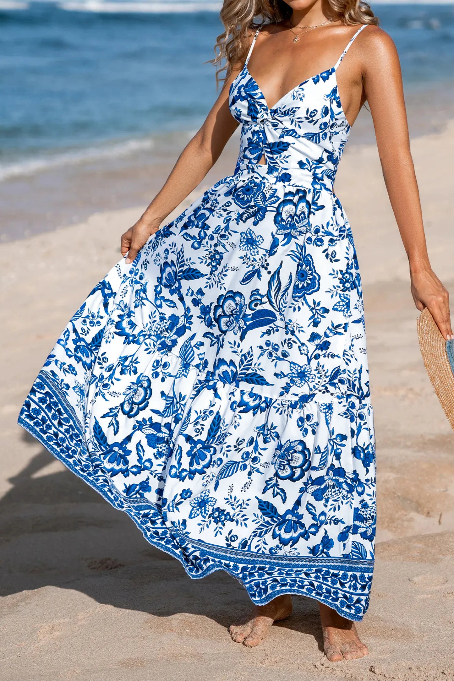 Ocean Blossom Twisted Bust Spaghetti Strap Maxi Dress