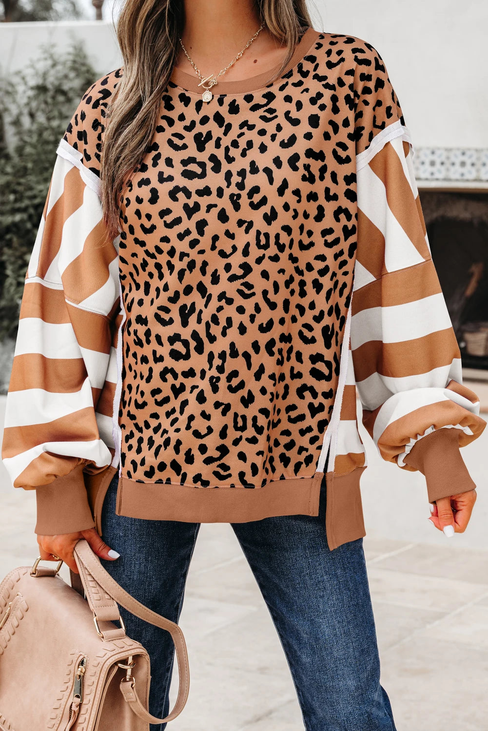 Cappuccino Crush Color Block Patchwork Casual Sweatshirt