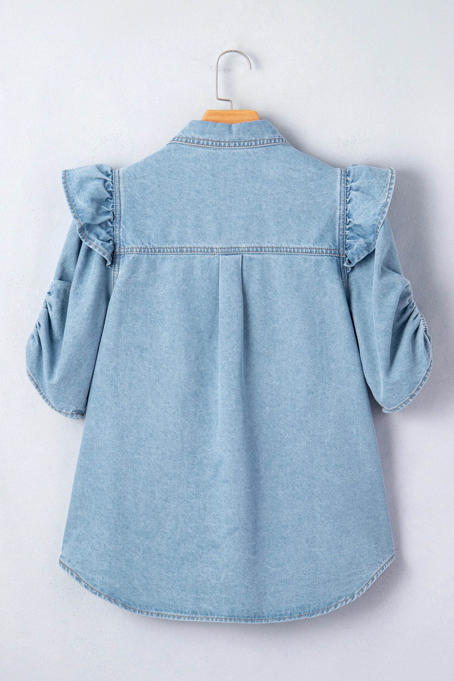 Coastal Ruffle Detail Puff Sleeve Denim Shirt