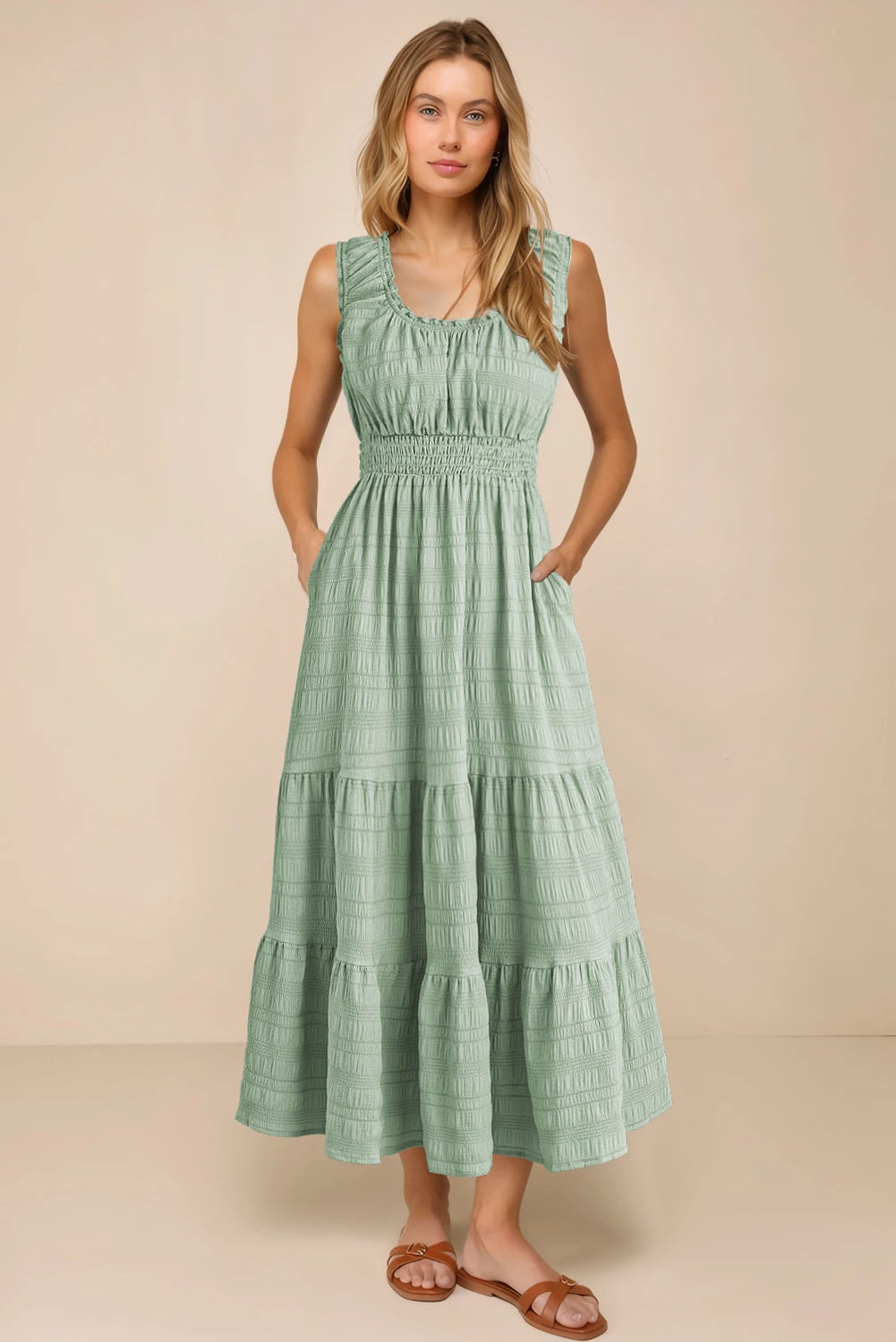 Laurel Green Sleeveless High Waist Midi Dress