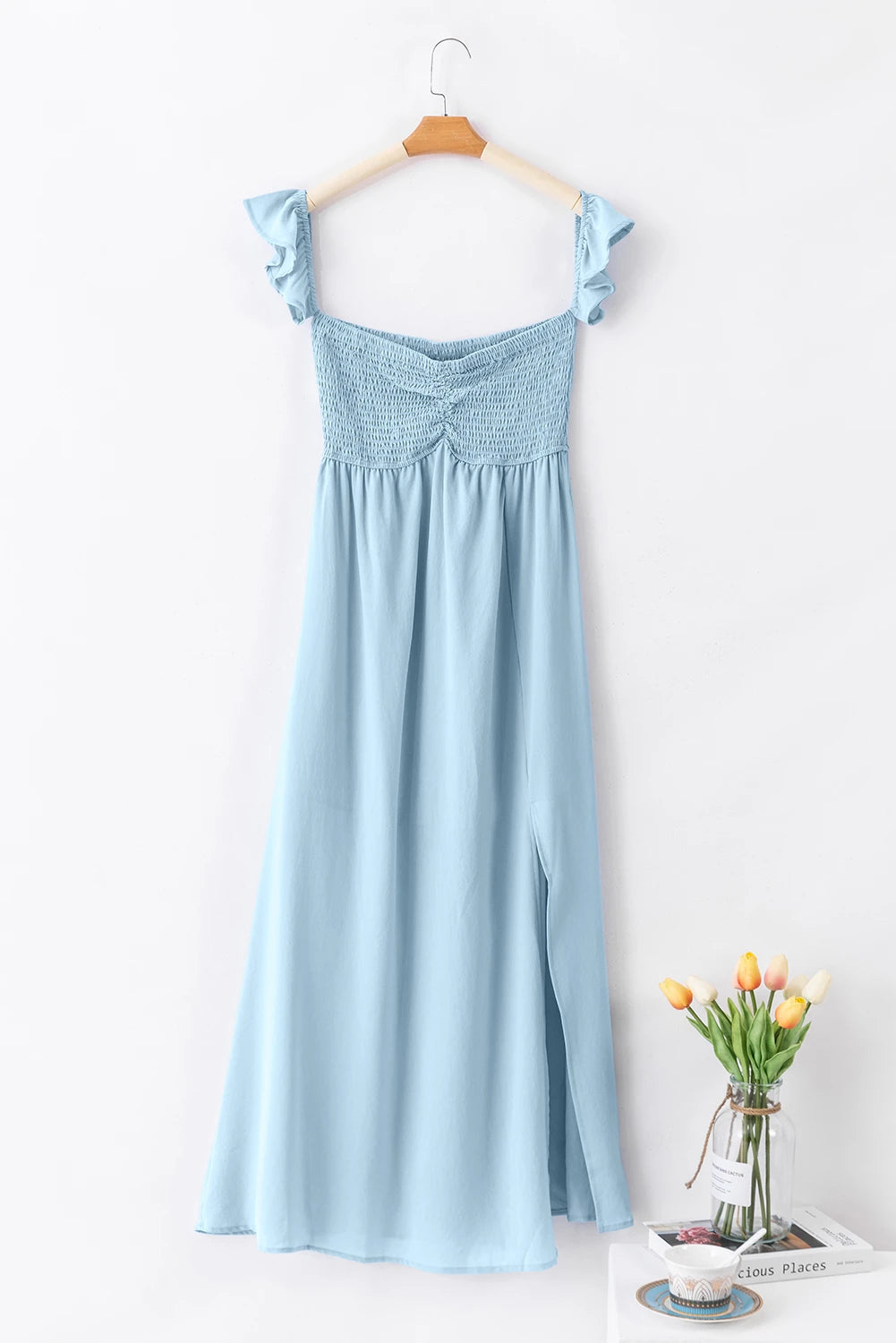 Bluebell Breeze Off Shoulder Sheer Slit Maxi Dress
