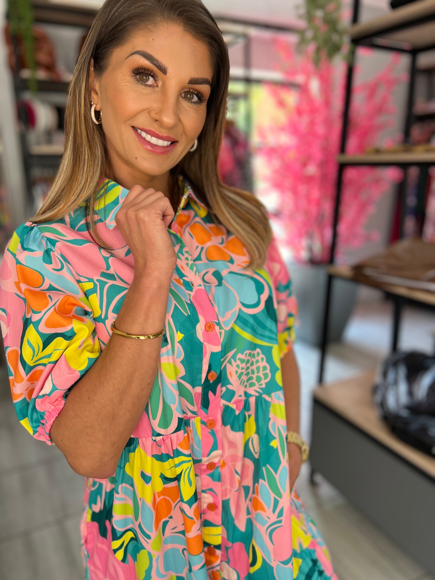 Flamingo Collar Buttoned Short Dress