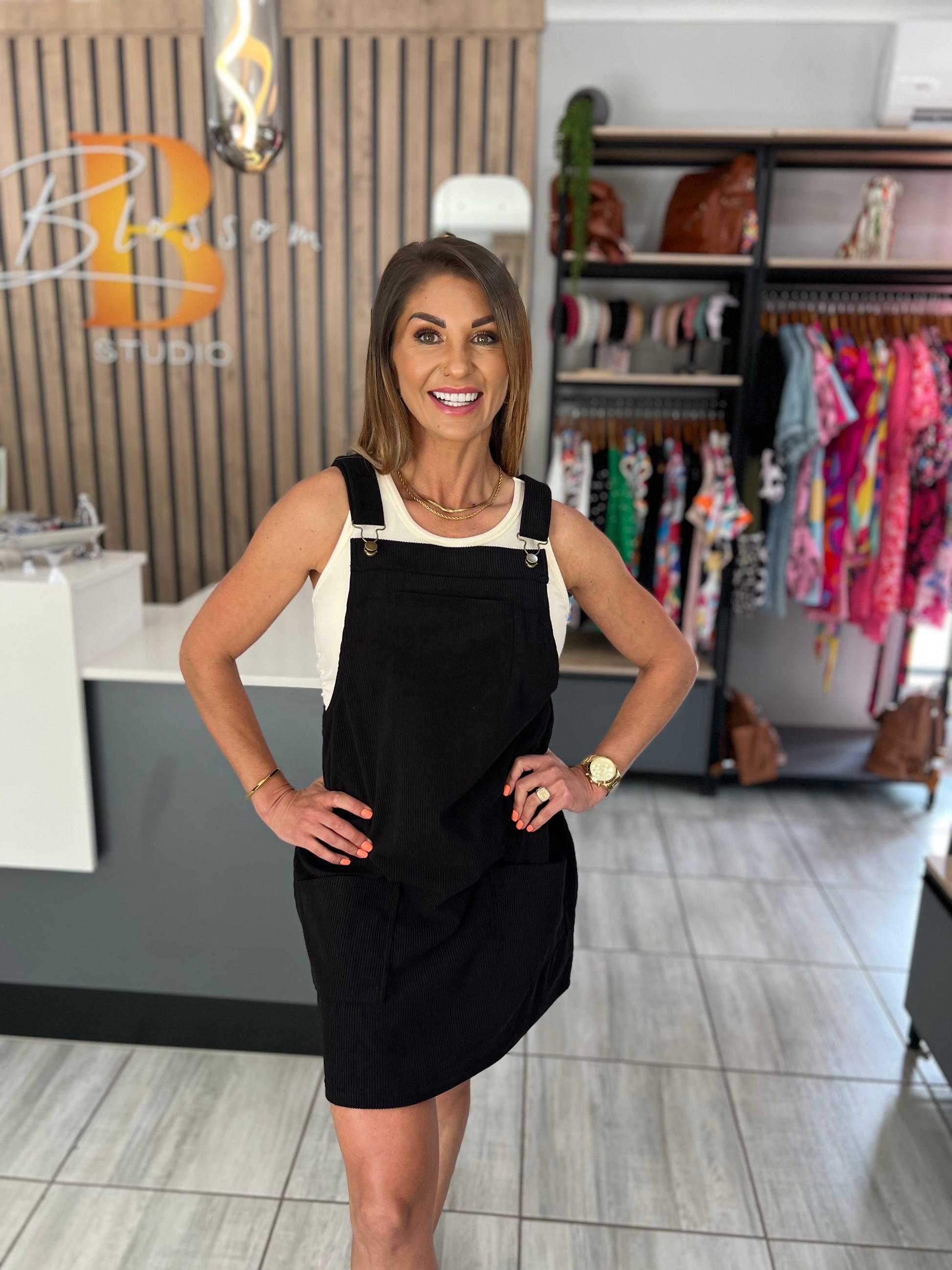 Isabella Black Corduroy Overall Dress | Stylish Layering Dress