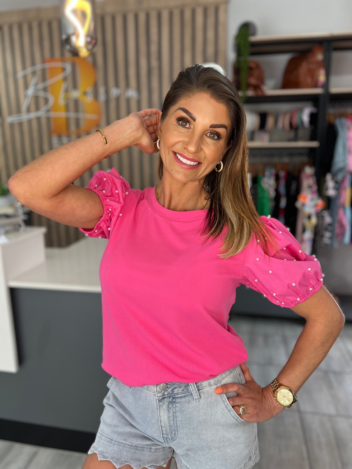 Phoebe Pearl Sleeve Pink Top