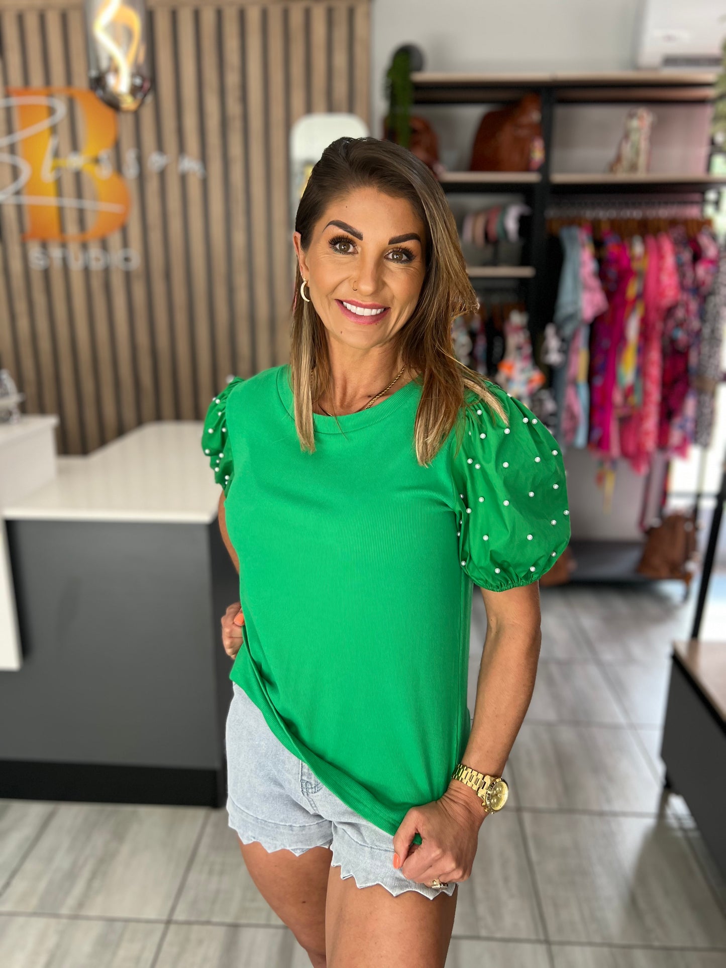 Phoebe Pearl Sleeve Green Top