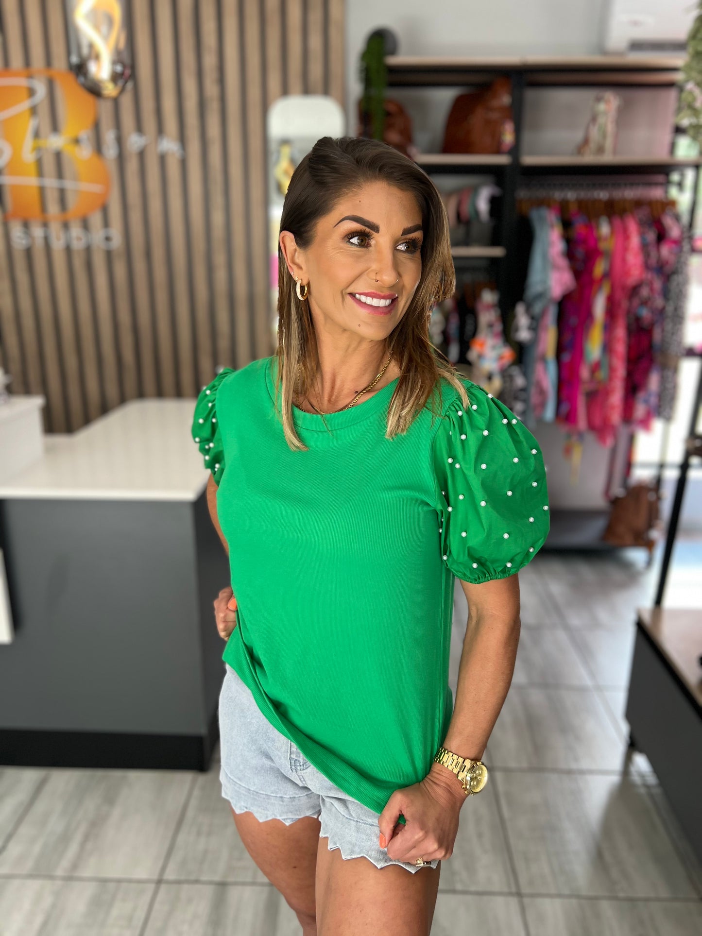 Phoebe Pearl Sleeve Green Top