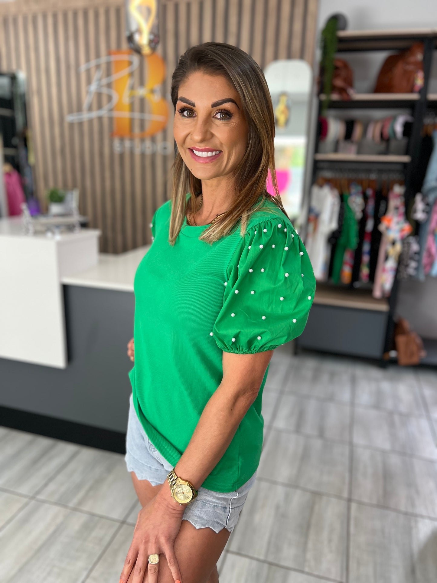 Phoebe Pearl Sleeve Green Top