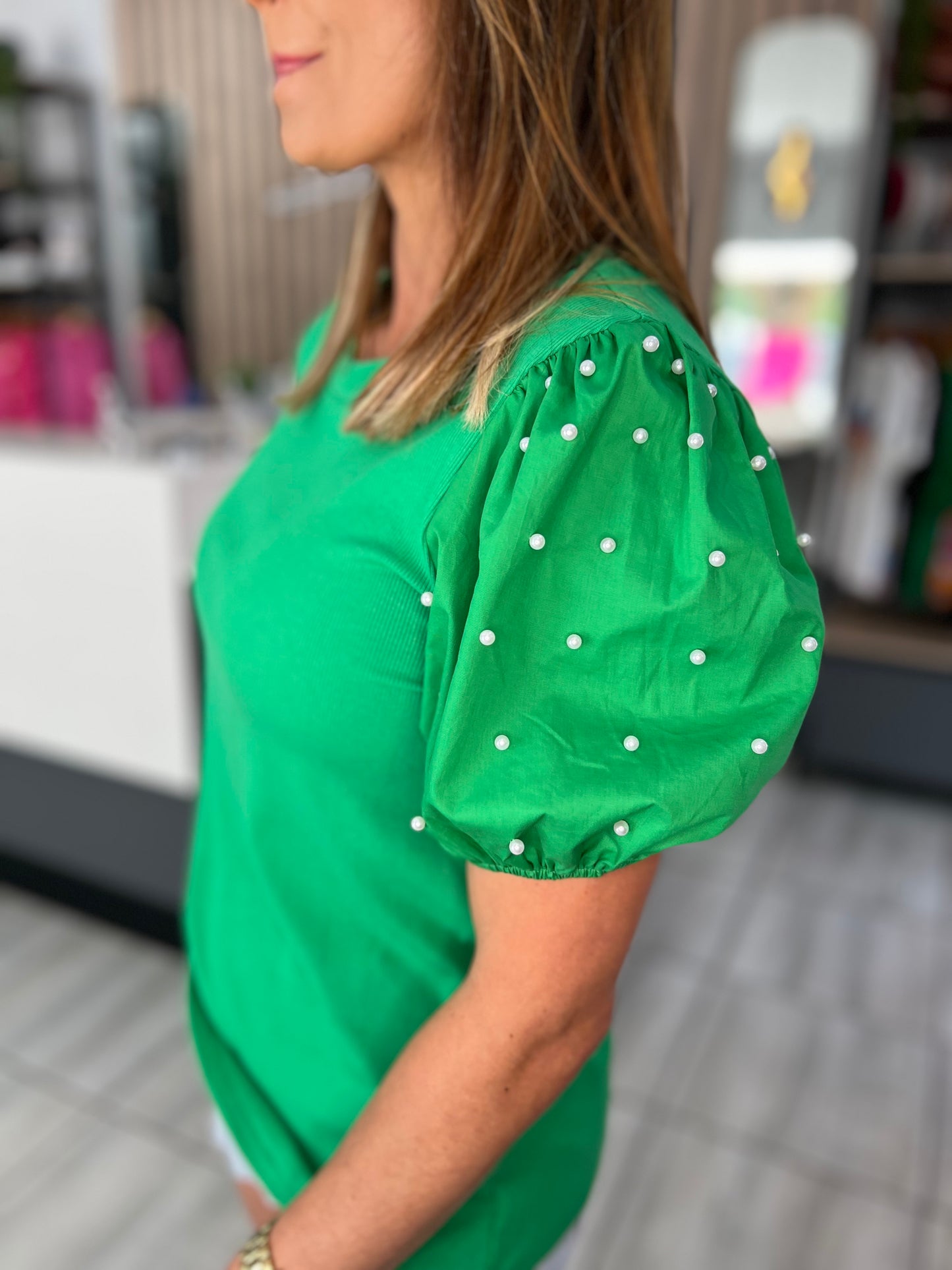 Phoebe Pearl Sleeve Green Top