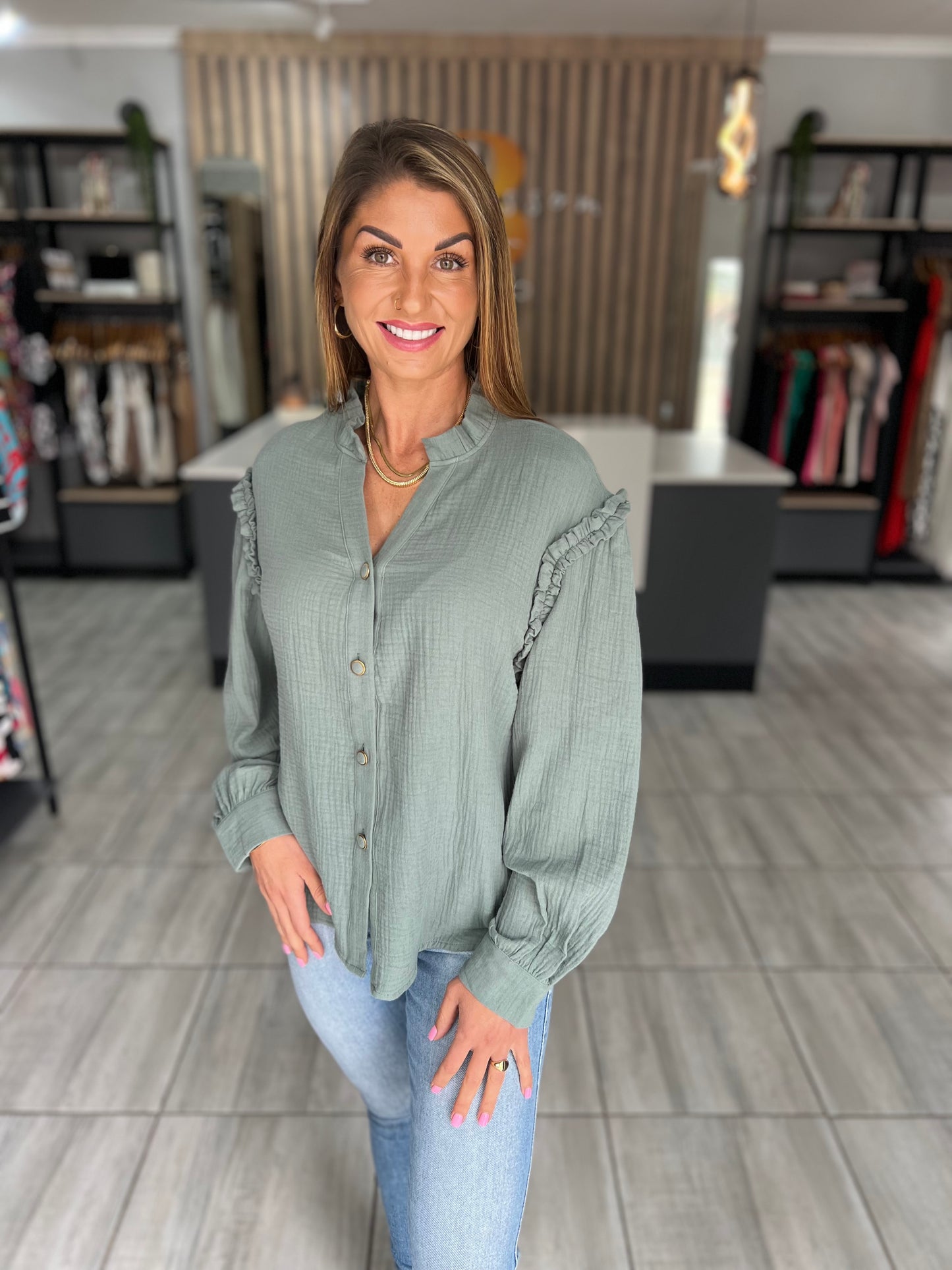 Salar Green Crinkled Shirt
