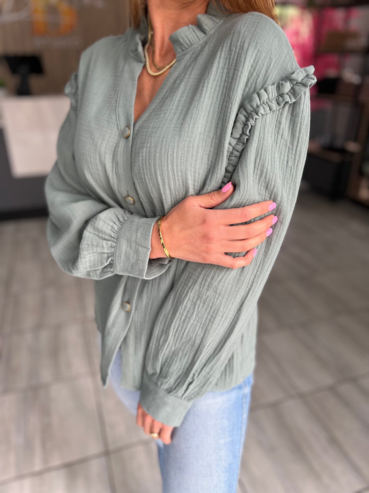 Salar Green Crinkled Shirt