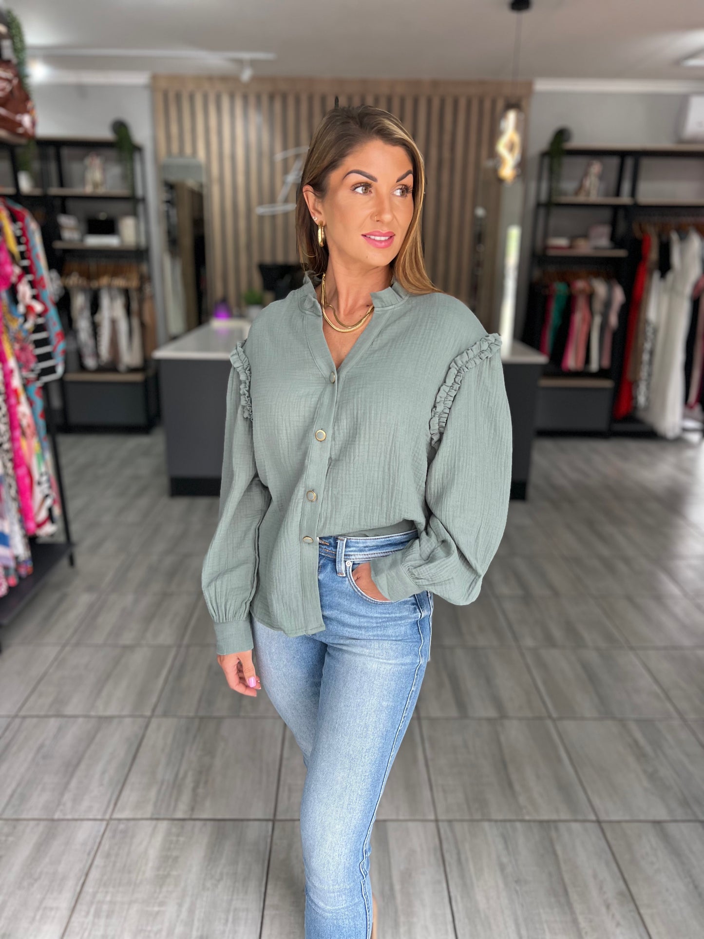 Salar Green Crinkled Shirt