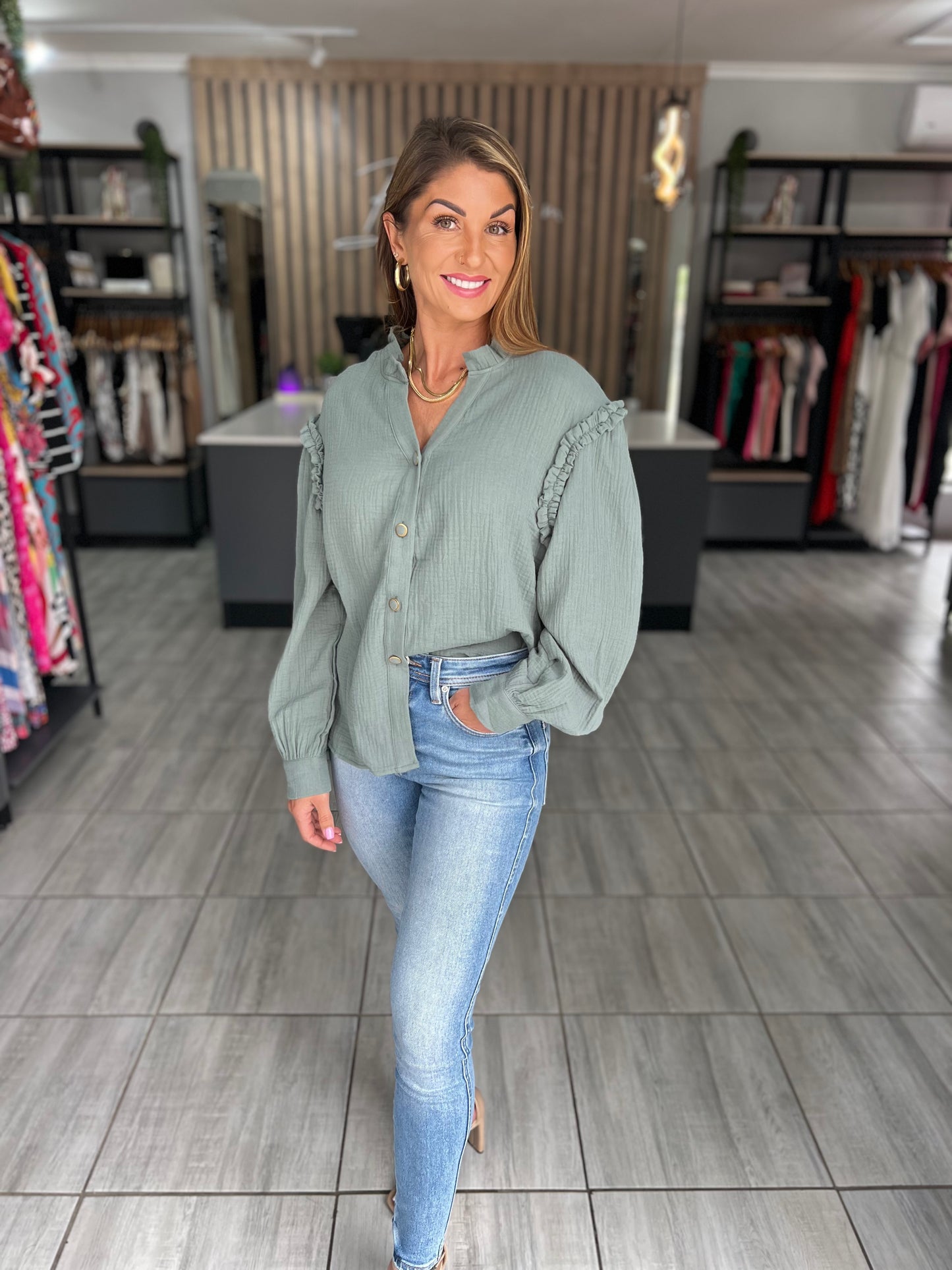Salar Green Crinkled Shirt