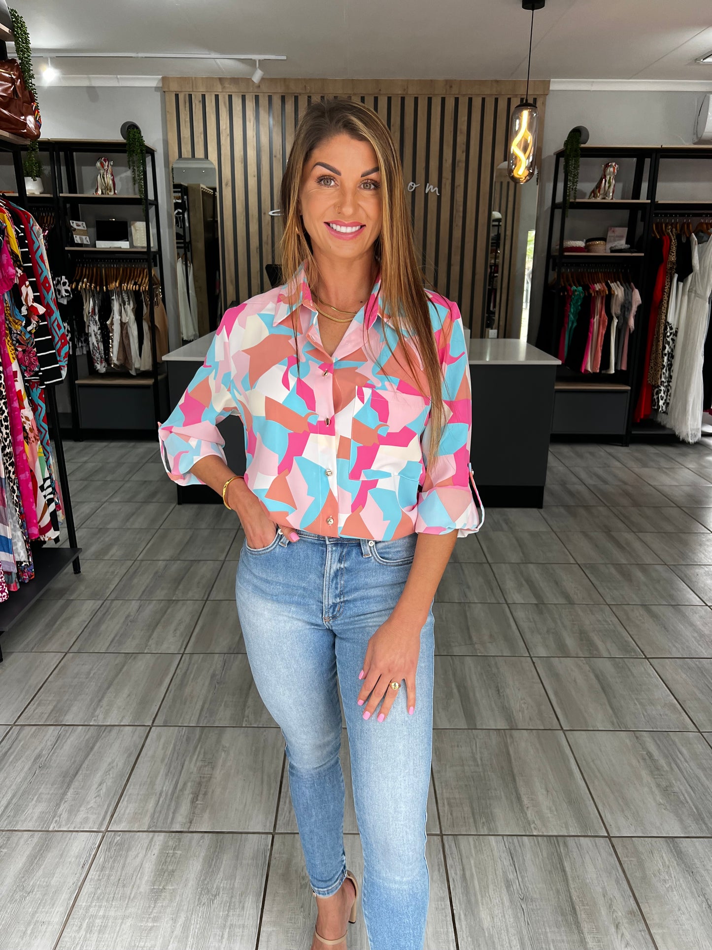 Harmony Geometric Roll-Up Sleeve Shirt