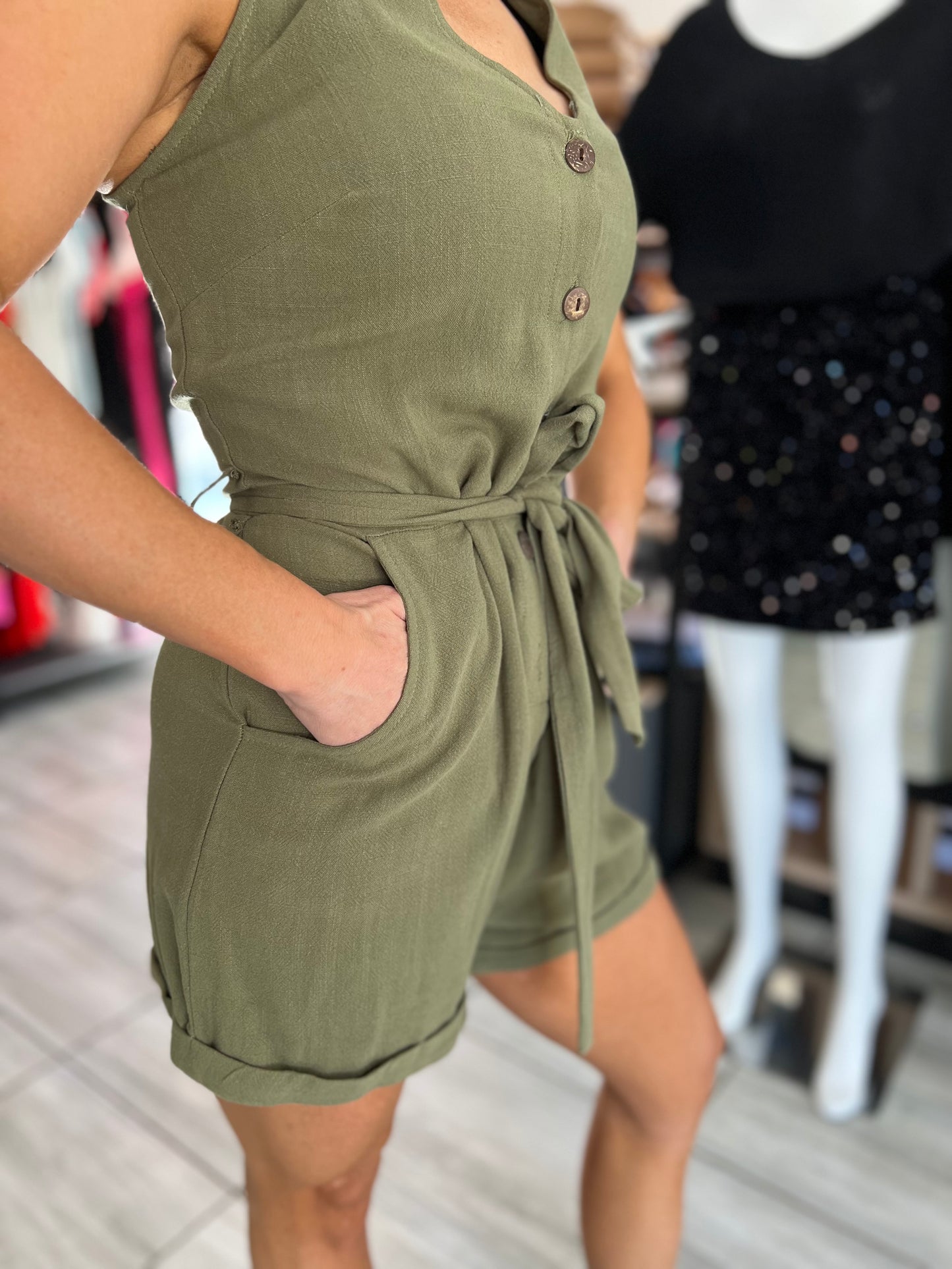 Olivia Buttons V-Neck Romper with Belt