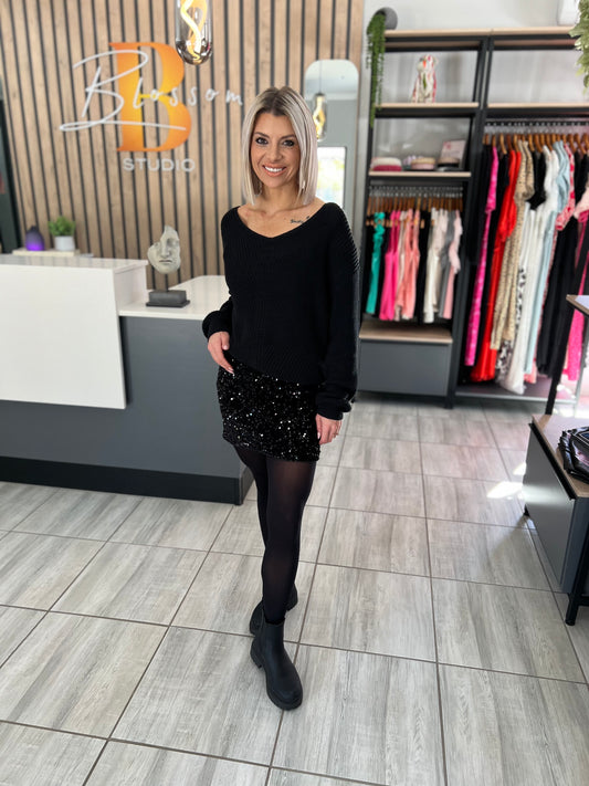 Black Sequins High Waist Mini Skirt