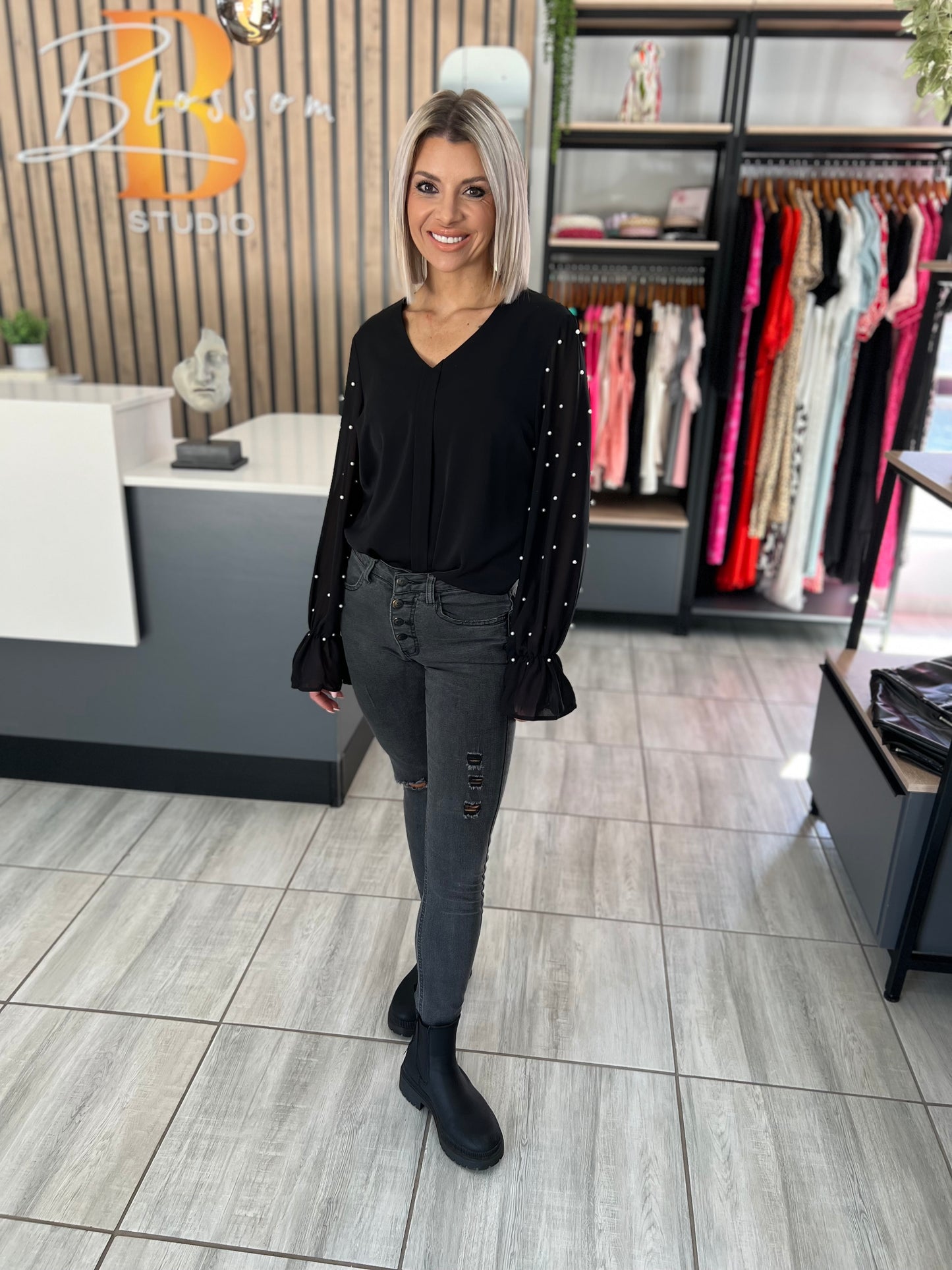 Black Mesh Pearls Long Sleeve Blouse
